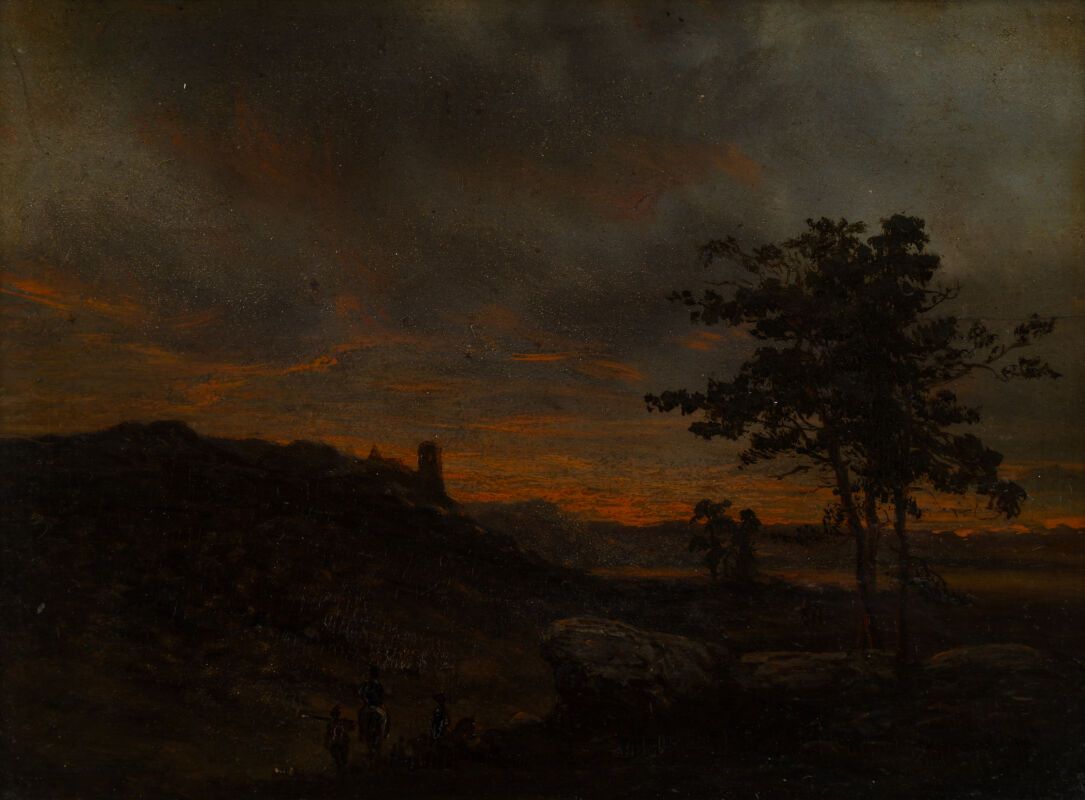 Null Attribué à Lazare BRUANDET
(1755-1804)
Cavaliers dans un paysage au crépusc&hellip;