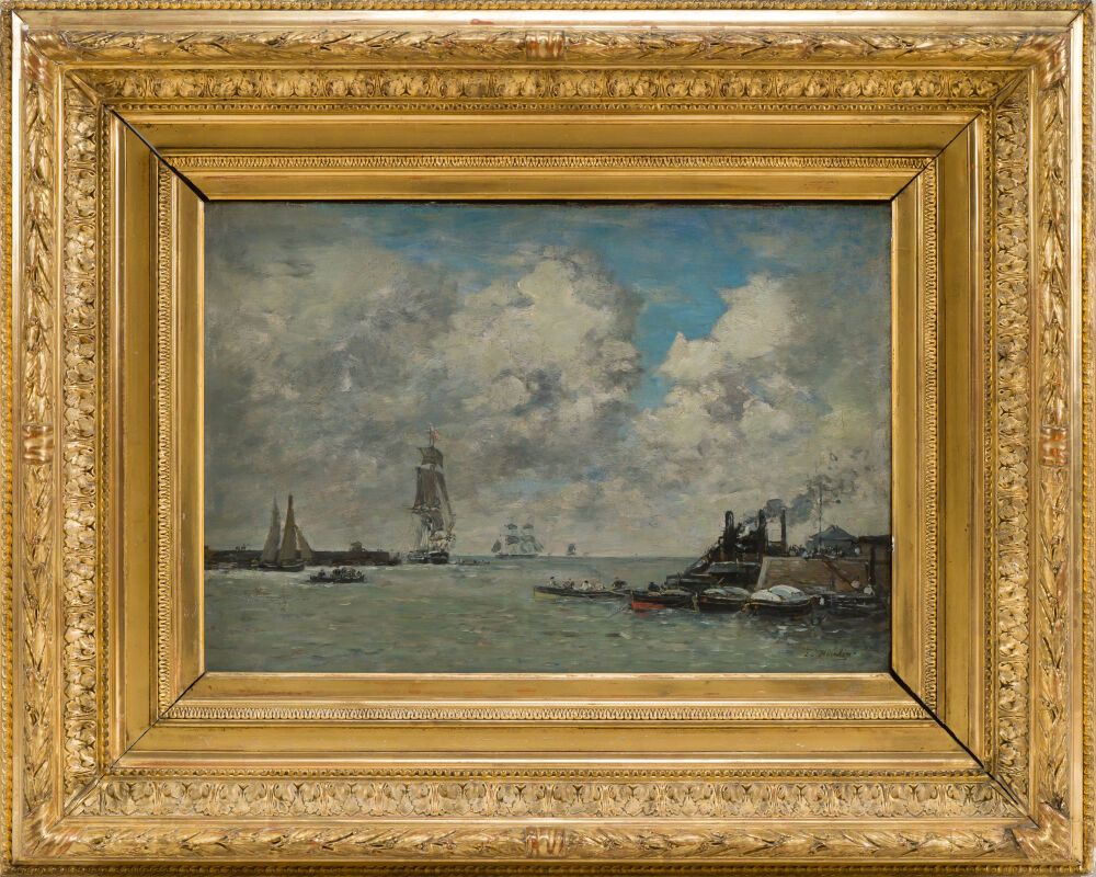 Null 欧仁-布丹（1824-1898 年）
特鲁维尔港入口，约 1885-1890 年
布面油画，右下方有签名。
32 x 46.5 厘米
经过修复，画框一&hellip;