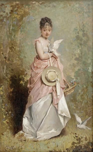 CHARLES CHAPLIN (1825-1891) Jeune femme aux colombes Huile sur toile signée en b&hellip;