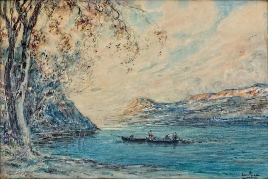 Henri FOREAU (1866-1938) Pêcheur sur un lac Aquarelle, signée en bas à droite. 4&hellip;