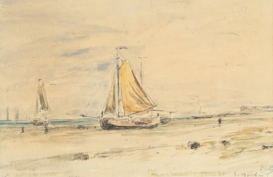 Eugène BOUDIN (1824 - 1898) Bateaux échoués sur la plage à marée basse.
Aquarell&hellip;