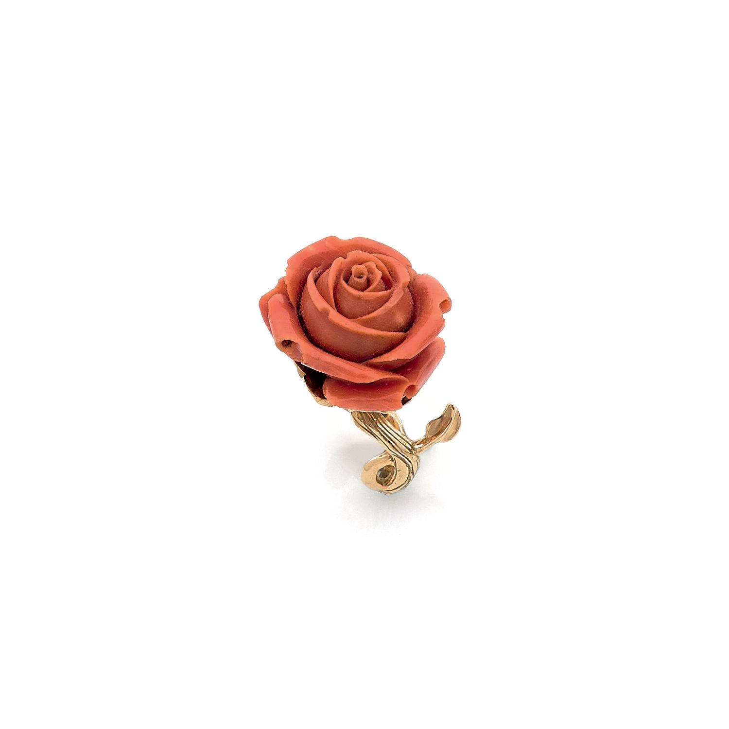 Null Sylvie CORBELIN

一枚18K（750‰）黄金戒指，镶嵌有雕刻的珊瑚玫瑰花

手指大小模仿玫瑰的茎，花冠是四叶草的形状

有图案的

梯&hellip;