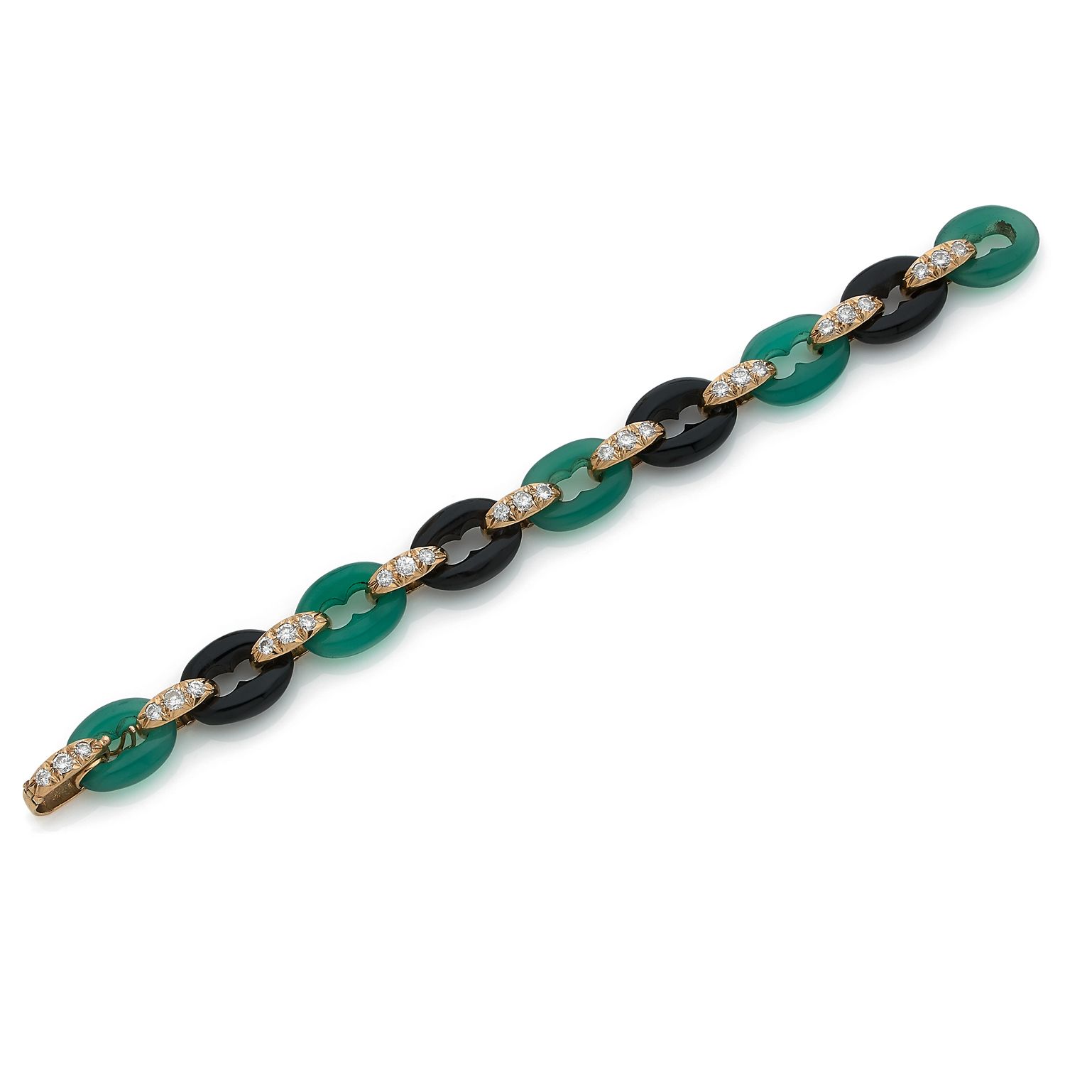Null 椭圆形缟玛瑙和绿色玛瑙交替组成的铰链式手镯，由18K（750‰）黄金链节连接，并镶嵌钻石

长度：18厘米

毛重：29.3克