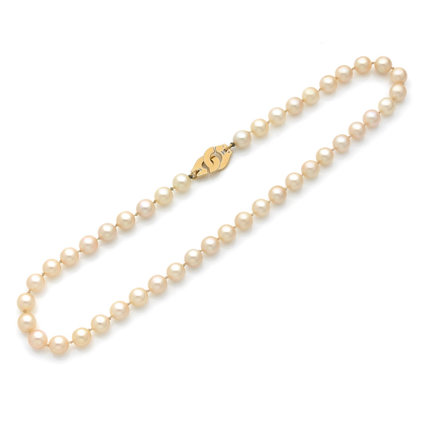 Null DINH VAN

项链一排43颗直径相同的养殖珍珠，18K（750‰）黄金 "袖口 "扣。

有图案的

长度：45厘米

毛重：42克