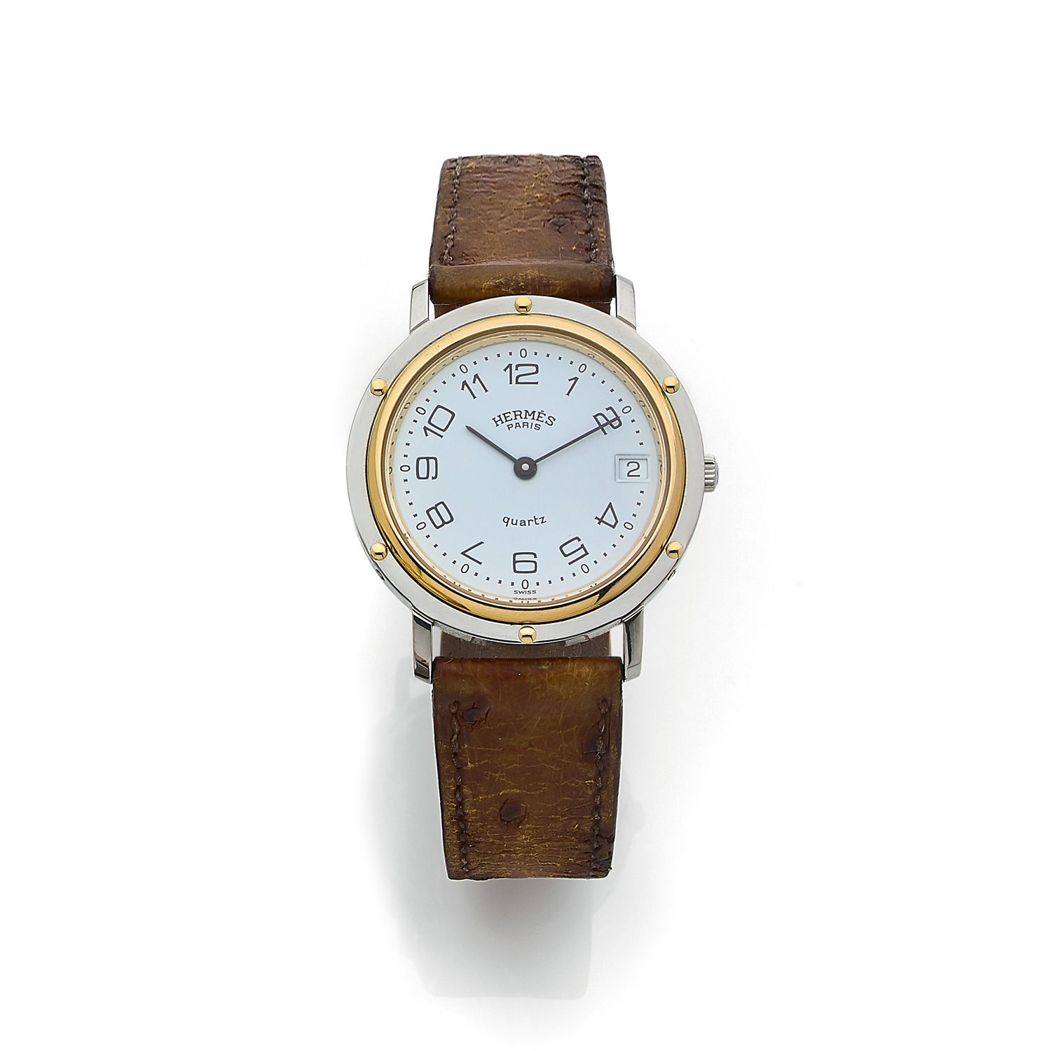 Null HERMÈS

1970er Jahre

Modell "Clipper"

Armbanduhr aus Stahl und vergoldete&hellip;