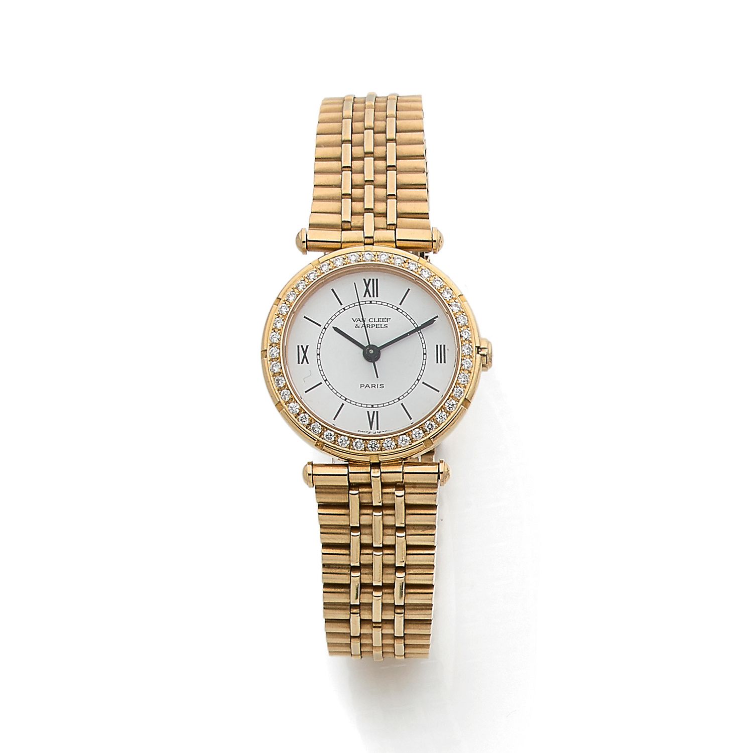 Null 梵克雅宝

1980's

型号PA49

18K(750‰)黄金材质的女士腕表，圆形。

镶钻表圈，白色珐琅表盘，彩绘罗马数字，精钢指针

黄K金腕&hellip;