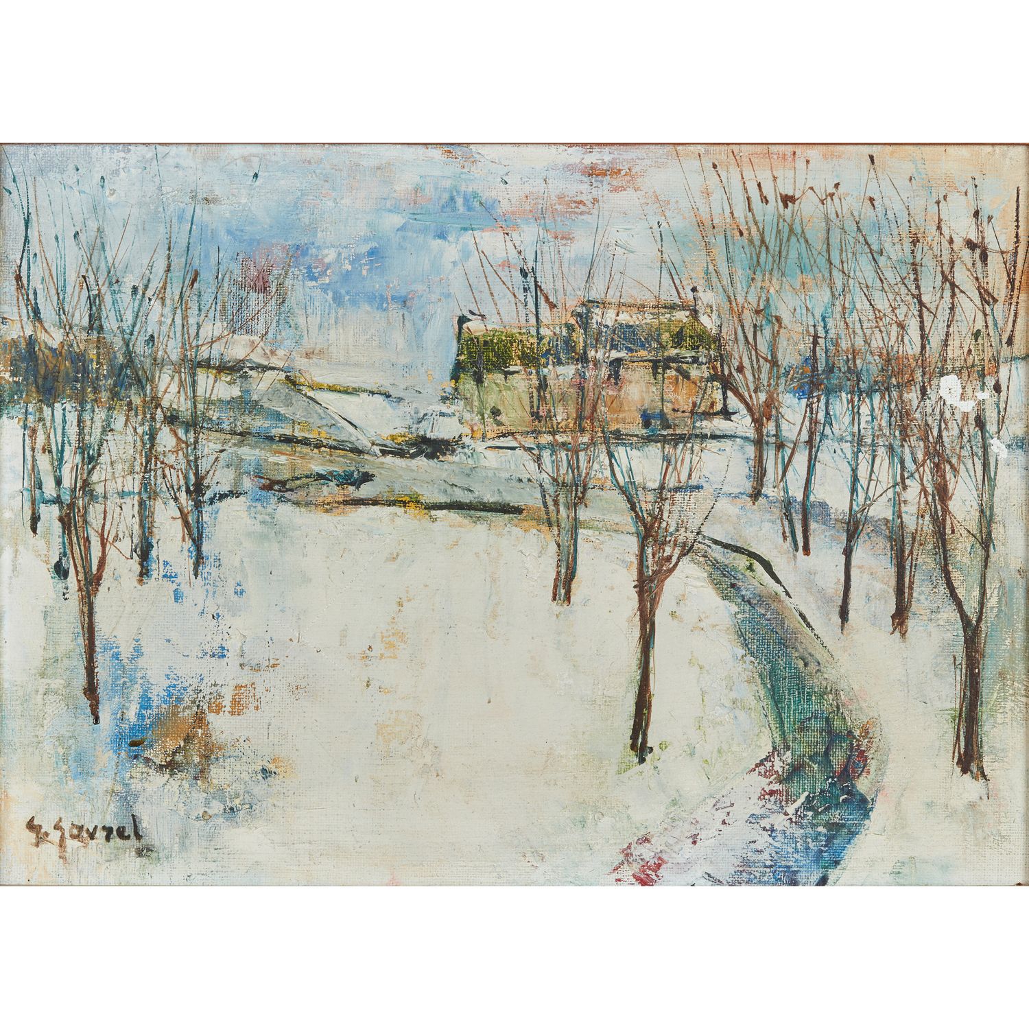 Null 热纳维耶夫-加夫雷尔 (1909 - 1999)
 雪地上的溪流景观
 右下角有签名的画布
 24 x 33 cm 
 (画布上的小事故)