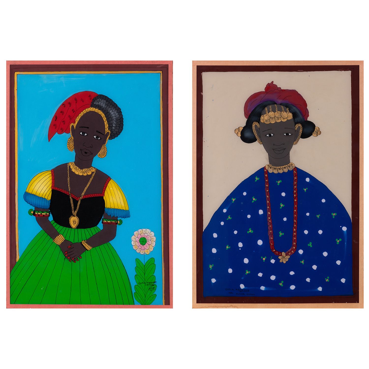 Gora Mbengue (1931-1988, Sénégal) Lot de deux peintures fixées sous verre Lot of&hellip;