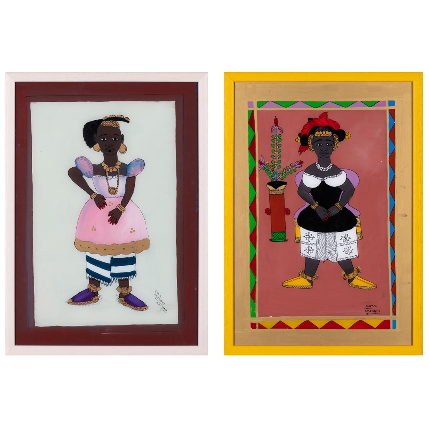Gora Mbengue (1931-1988, Sénégal) Lot de deux peintures fixées sous verre 戈拉-姆本盖&hellip;