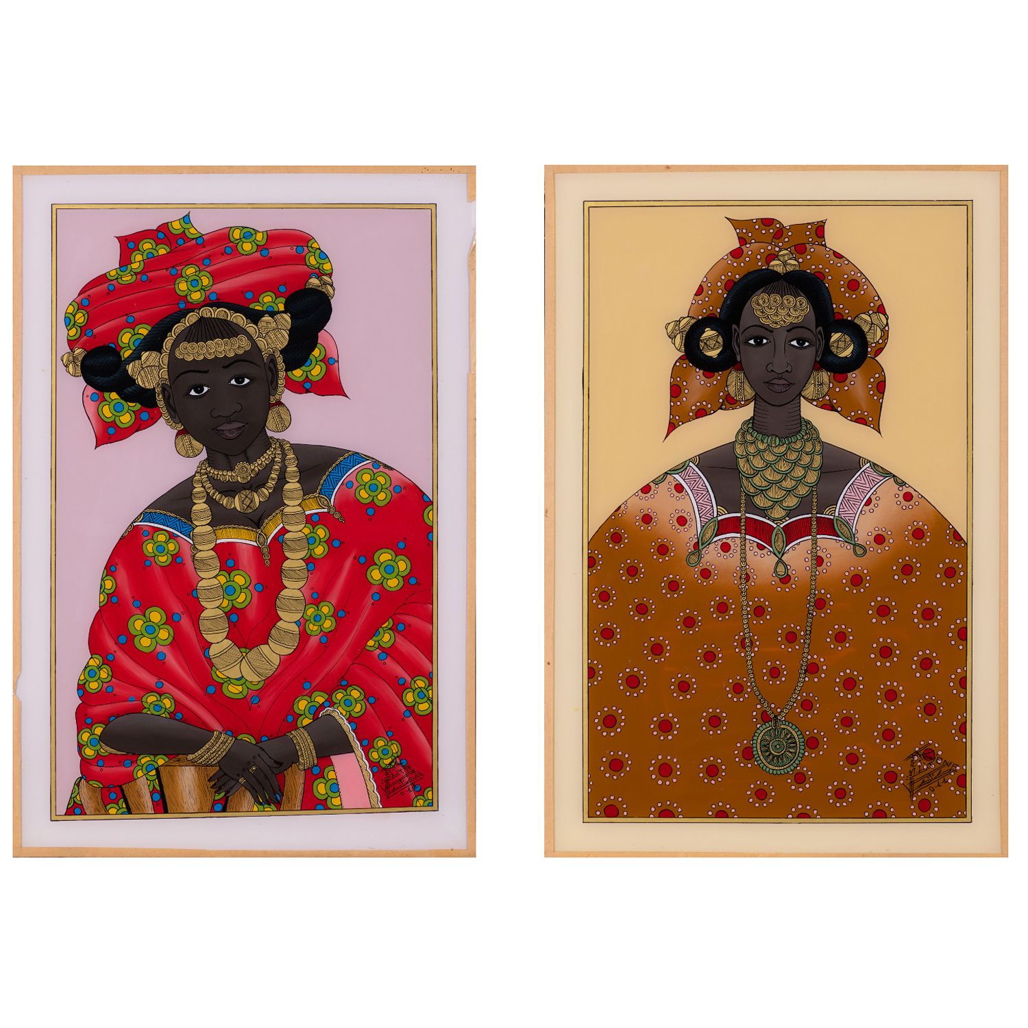 Djibril Fall Diene (né en 1968, Sénégal) Lot de deux peintures fixées sous verre&hellip;