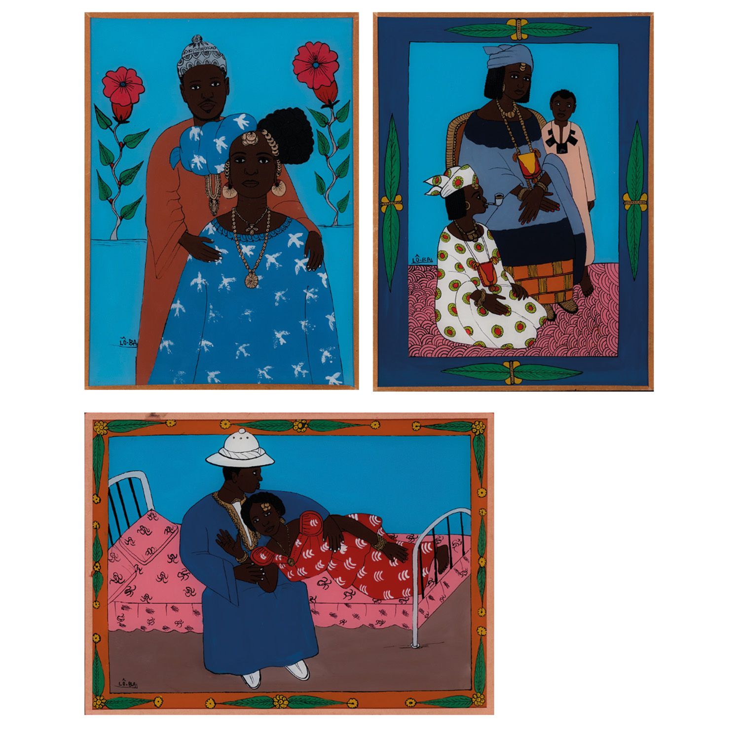 Babacar Lô dit Lô Ba (1920s-2016, Sénégal) Lot de trois peintures fixées sous ve&hellip;