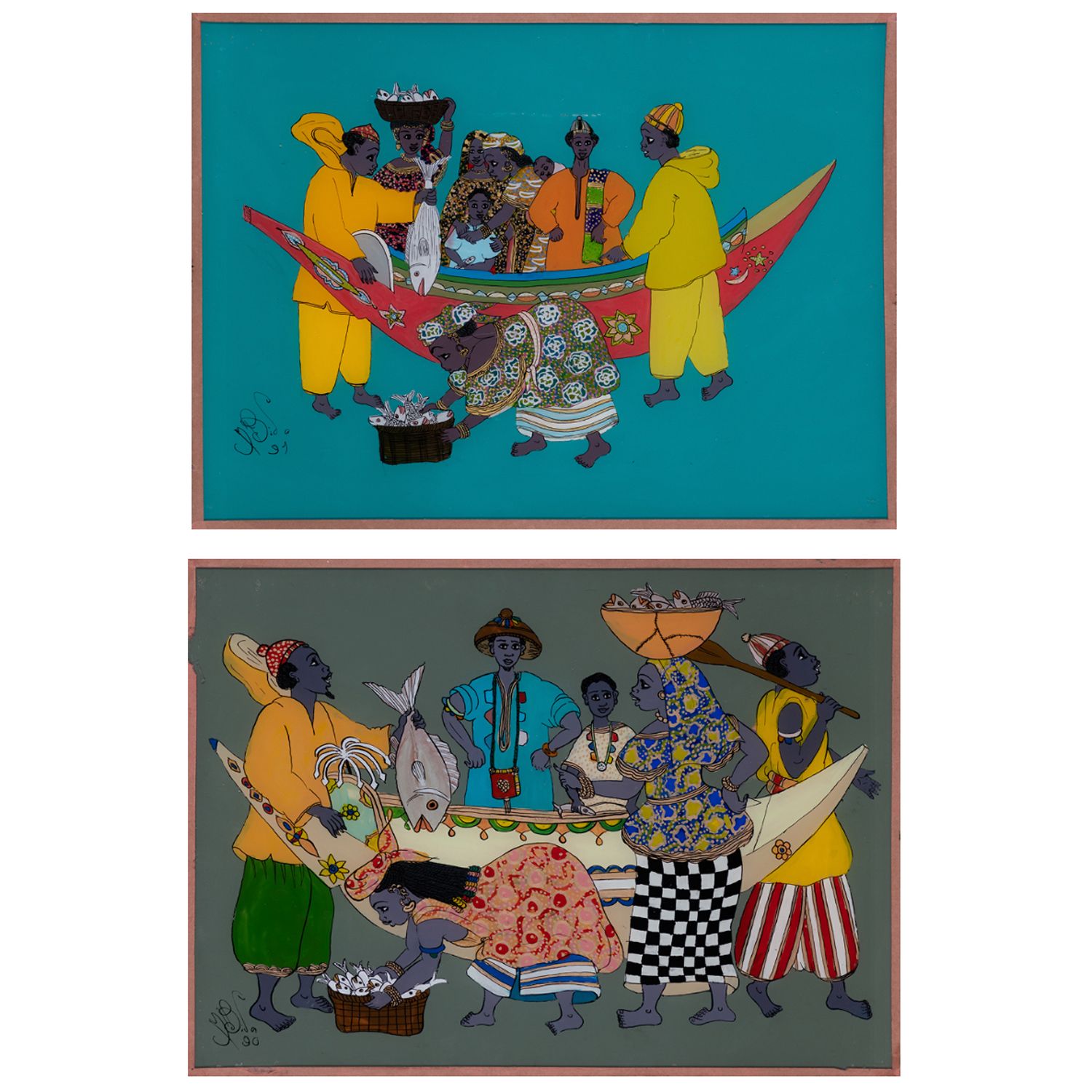 Alioune Fall dit Mbida (1949-2012, Sénégal) Lot de deux peintures fixées sous ve&hellip;