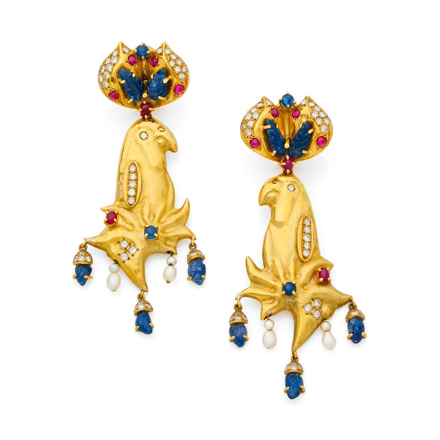Null F. MORONI, Roma
Paire de pendants d'oreilles "Perruches" d'inspiration indi&hellip;