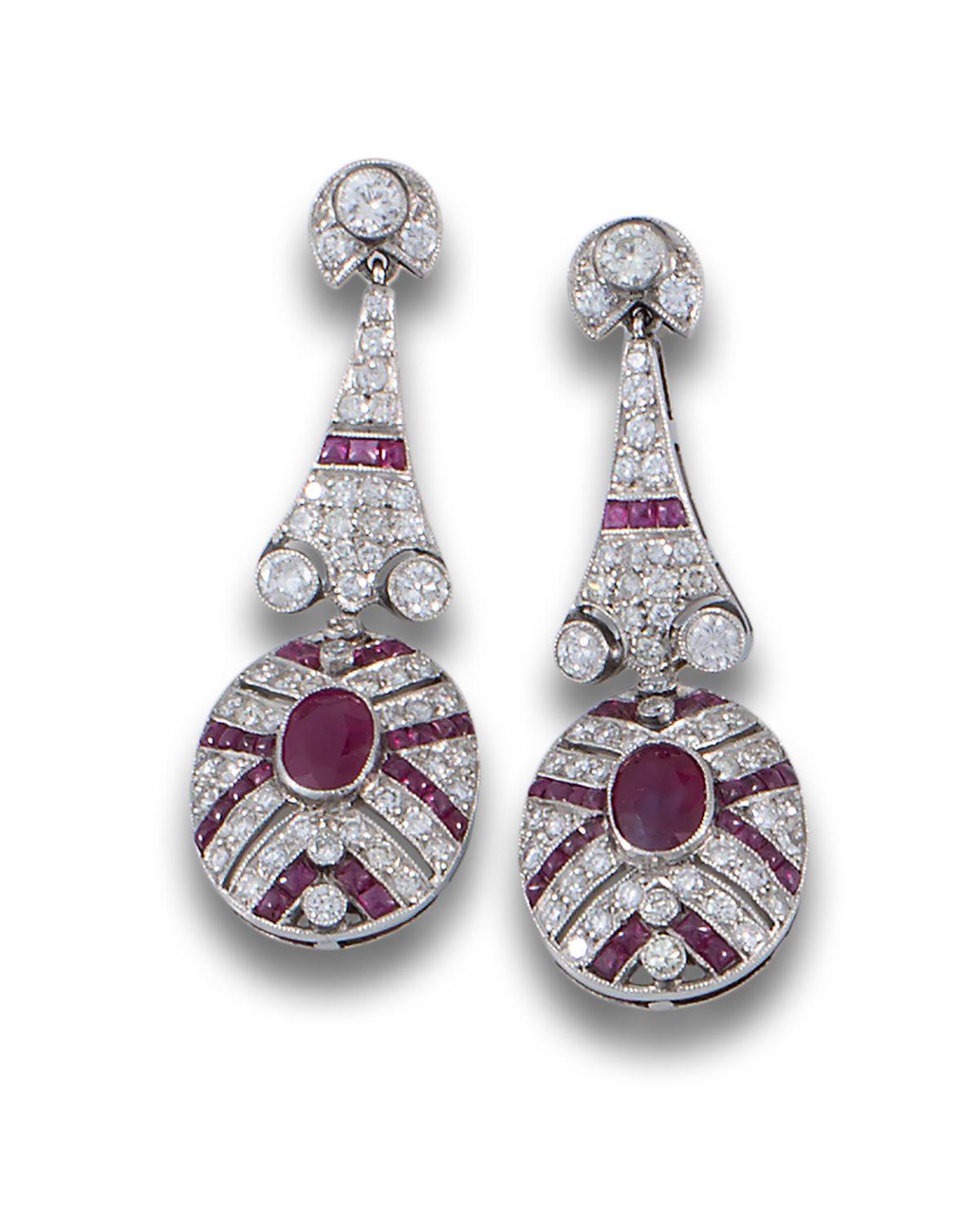 PLATINUM DIAMOND RUBY DECO EARRINGS Art Deco long earrings in platinum millegrai&hellip;