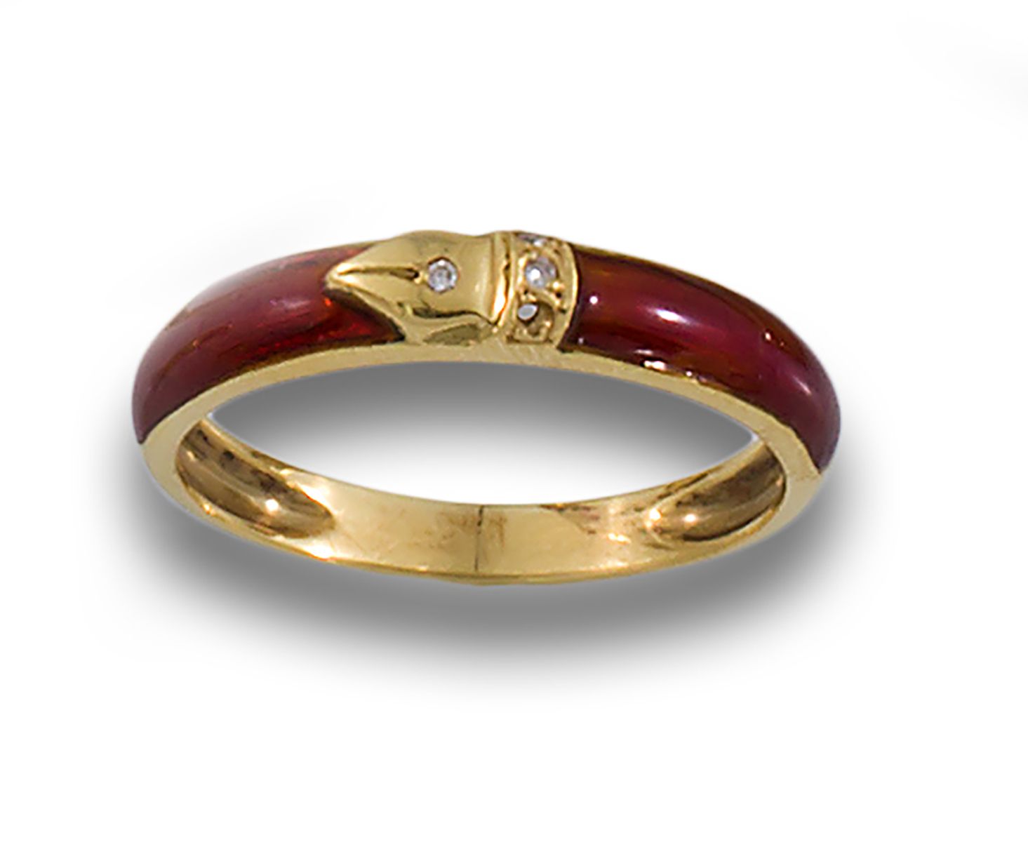 BURGUNDY ENAMELLED GOLD RING PAVE DIAMONDS 18K黄金戒指，铺设明亮式切割钻石和精细火珐琅 .