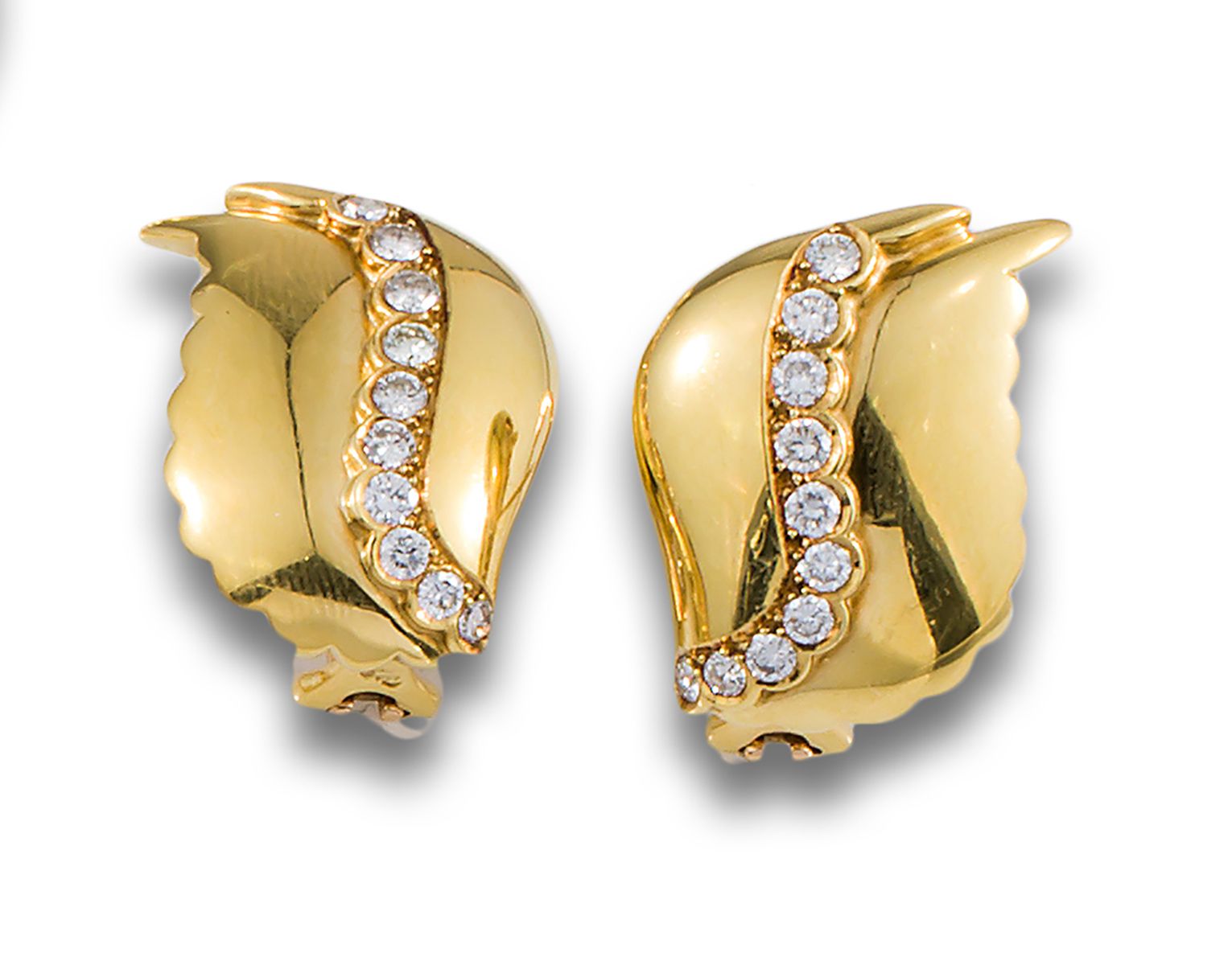 GOLD LEAF EARRINGS WITH DIAMONDS ANSORENA leaf design earrings, 18kt yellow gold&hellip;
