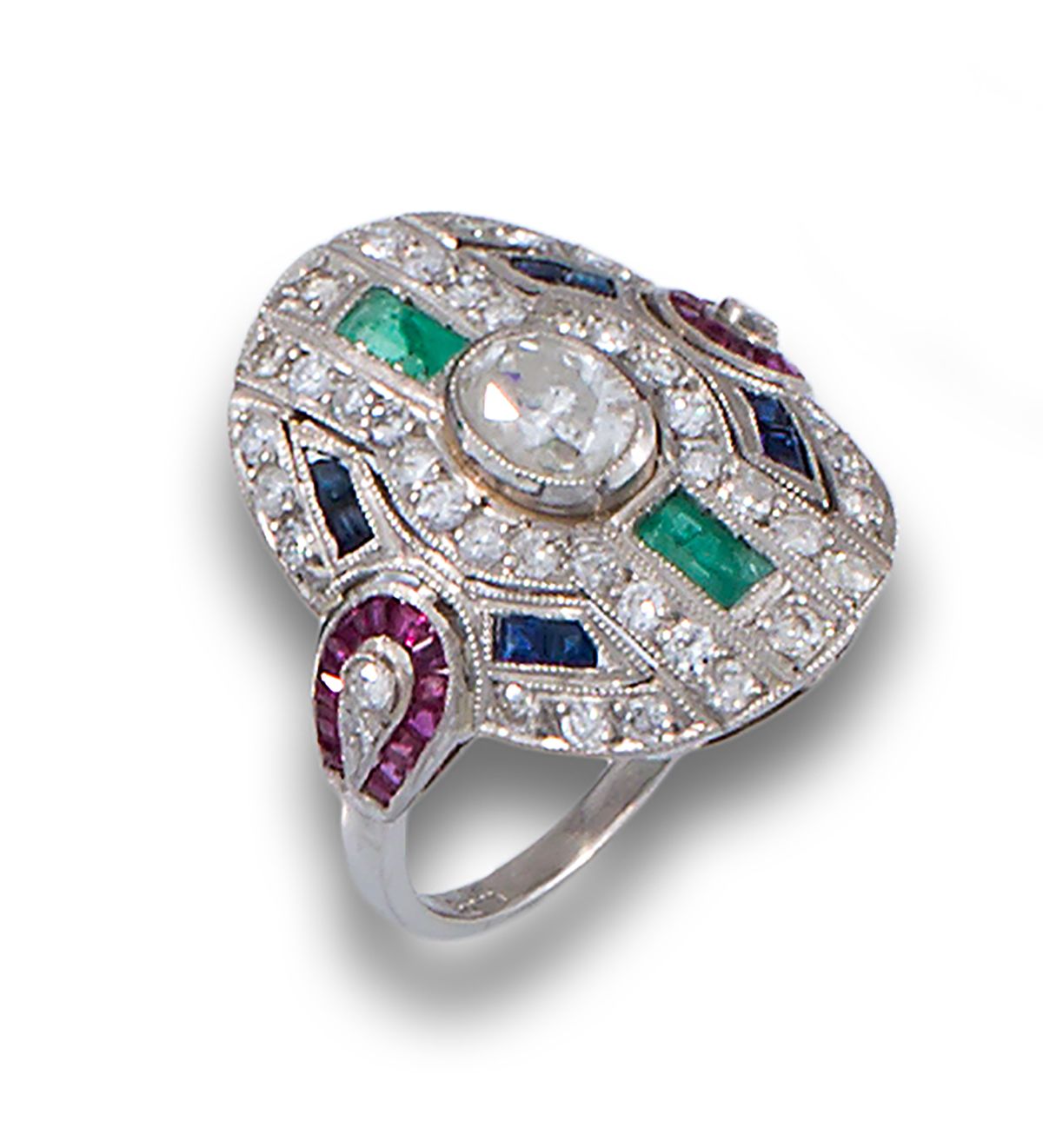 PLATINUM PLATED SHUTTLE RING WITH EMERALD DIAMONDS Art Deco style shuttle ring i&hellip;