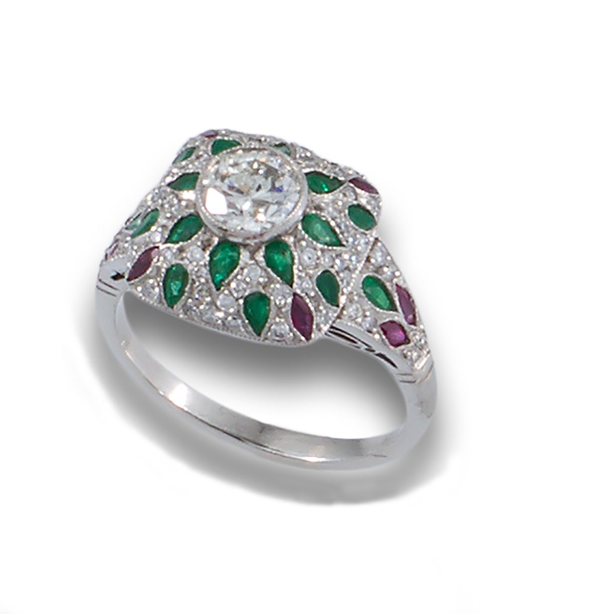 DECO RING DIAMONDS EMERALDS RUBIES KNWHITE GOLD RUBIES Anello in platino Art Dec&hellip;