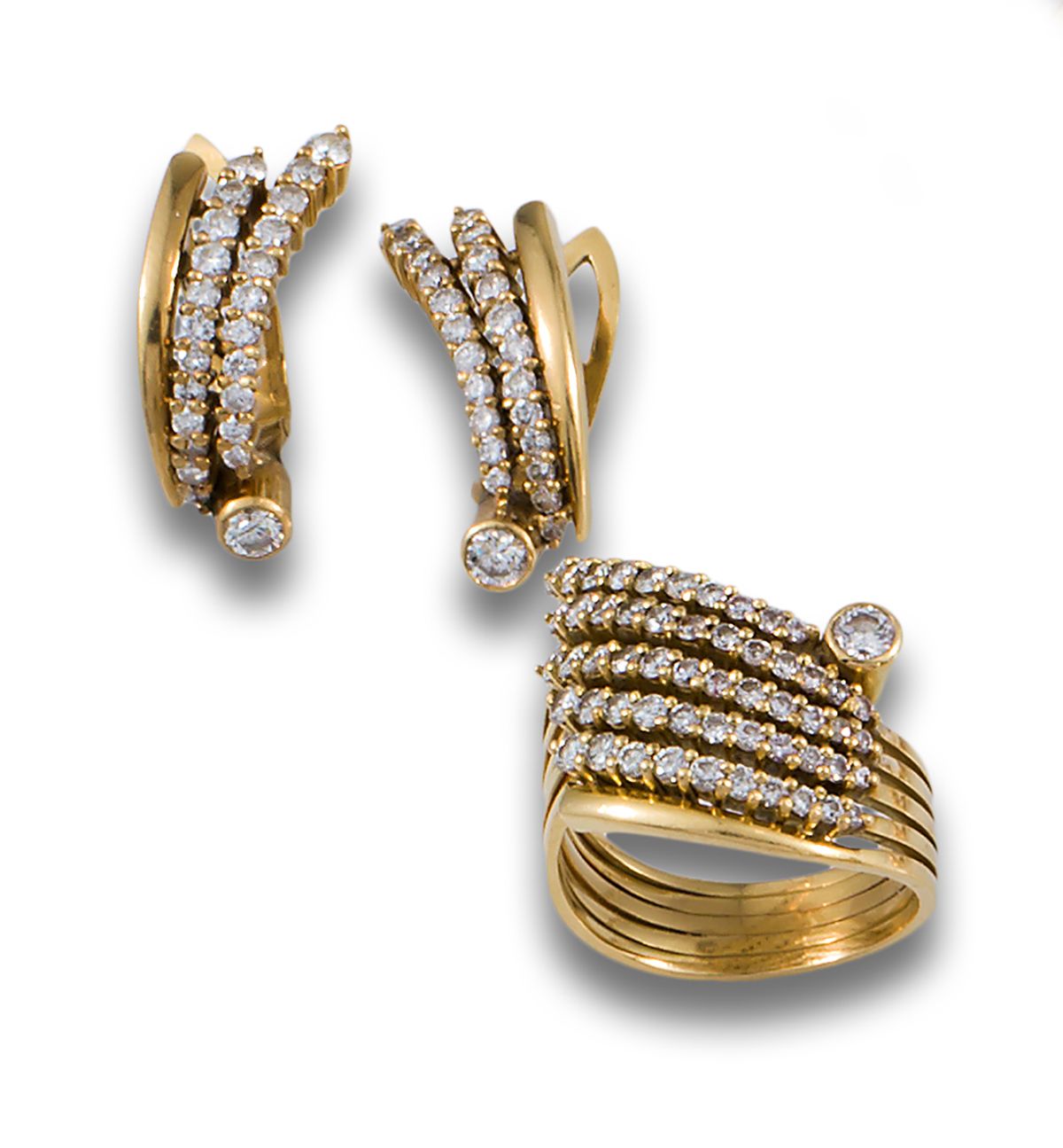 SET GOLD RING AND EARRINGS DIAMOND BANDS Set comprising 18kt yellow gold ring an&hellip;