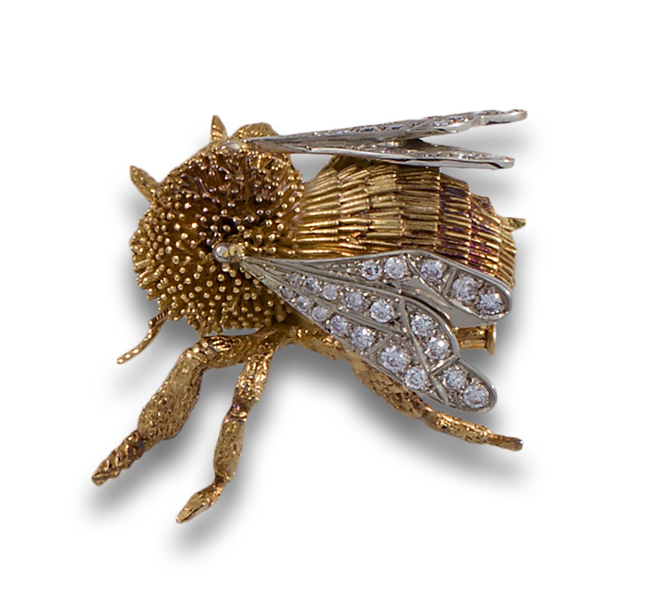 FRENCH GOLD INSECT BROOCH 18kts的法国昆虫布罗切，圆形和黑色，镶有钻石，光泽度高，有孔洞。.