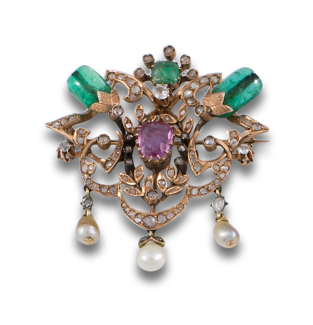 PINK EMERALD SAPPHIRE DIAMONDS ISABELINE BROOCH Broche y colgante isabelino de o&hellip;