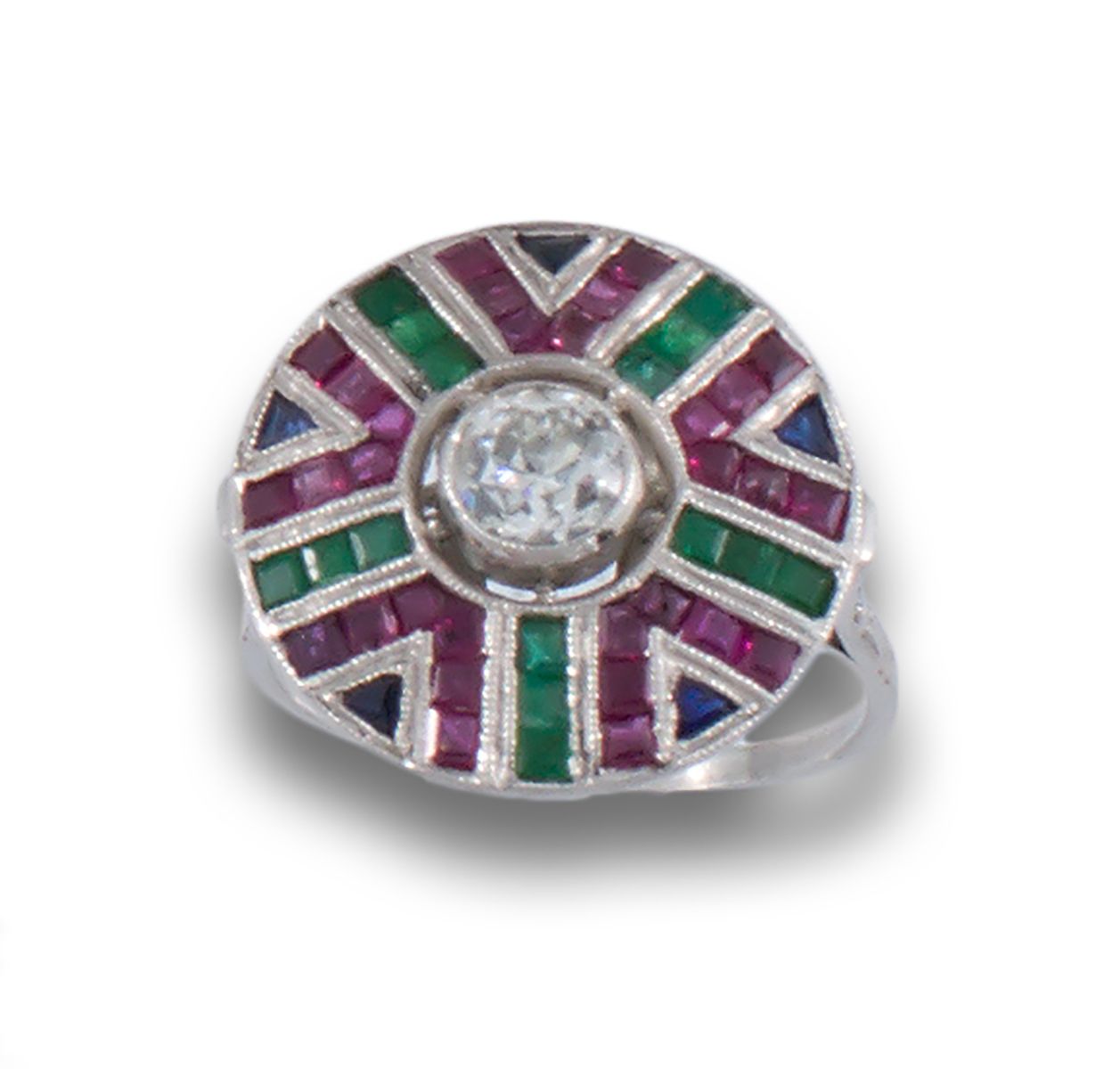 CIRCUL EST DECO DIAMOND RING EMERALD RUBY RING 装饰艺术风格的铂金戒指，中央镶嵌着一颗明亮式切割钻石和刻面红宝石、&hellip;