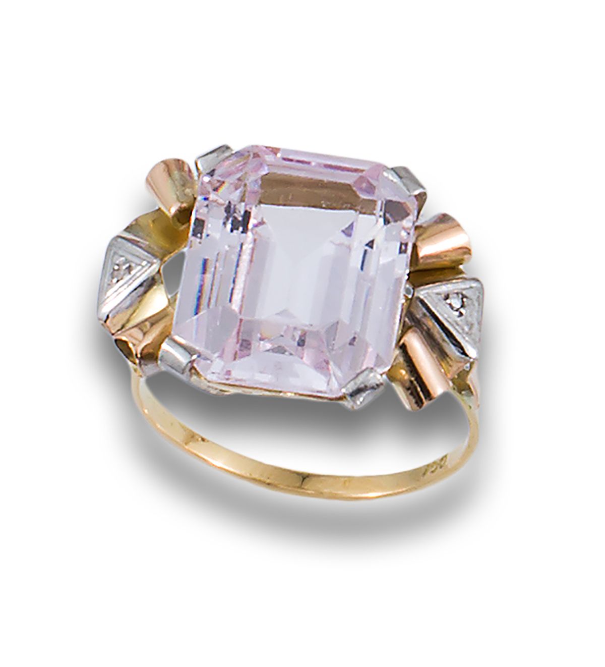 PLATINUM RING ROSE OF FRANCE 18K黄金铂金复古戒指，中间是祖母绿切割的法国玫瑰和钻石 .