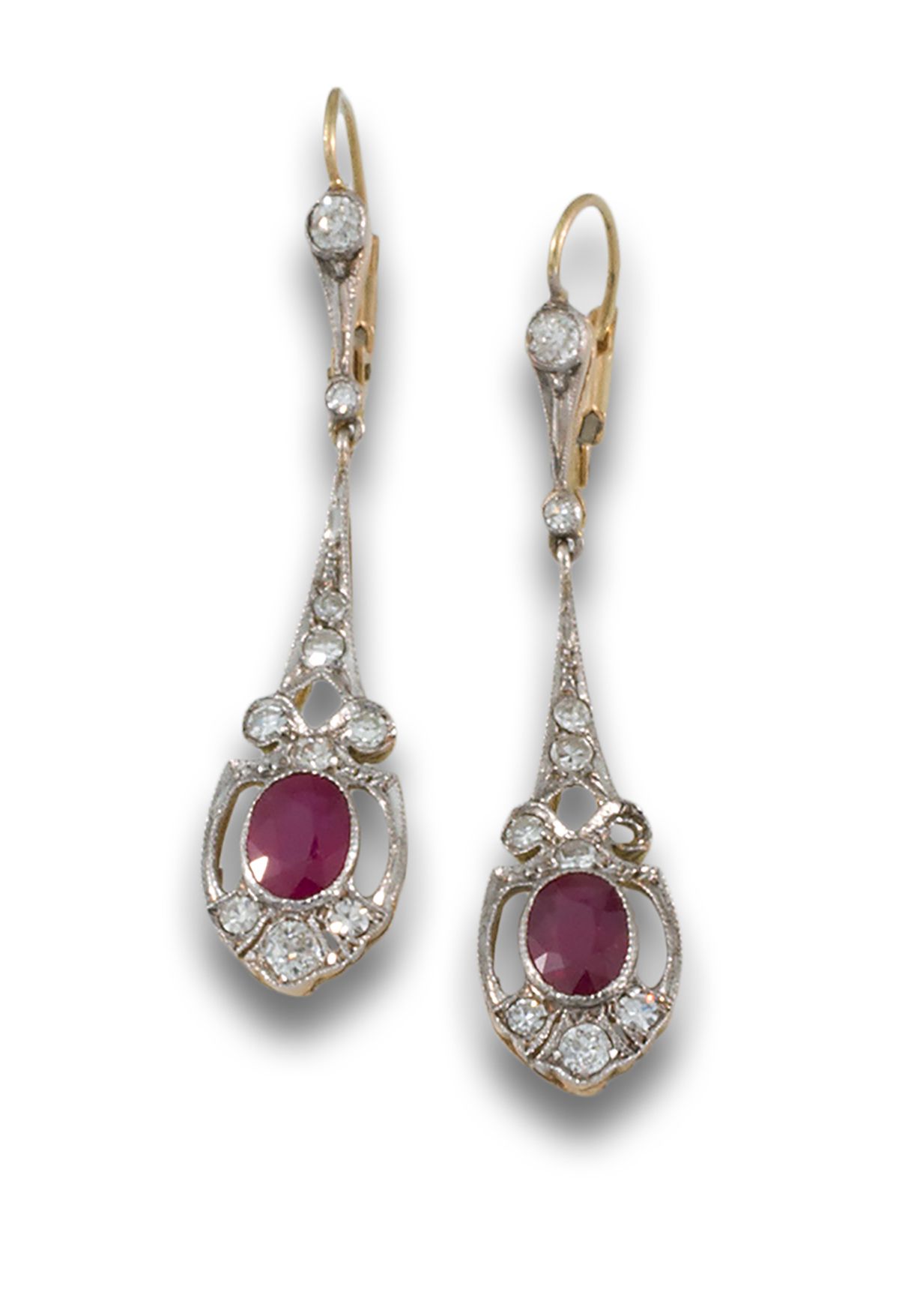PLATINUM DECO EARRINGS DIAMONDS RUBIES SYNTHETIC Long earrings 20's 18kt yellow &hellip;