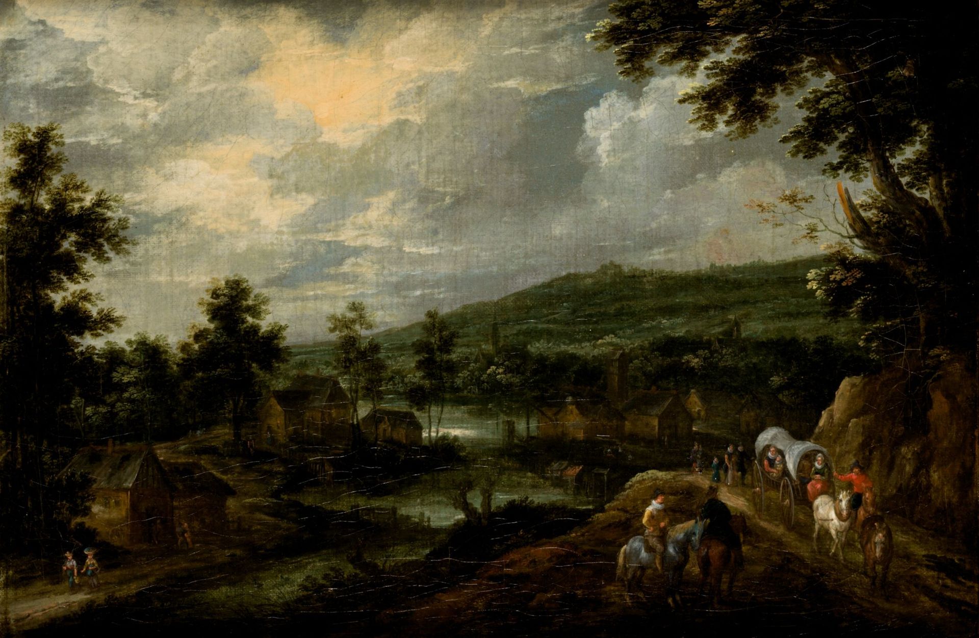 AMBROSIUS BRUEGHEL (1617 / 1675) "Landscape with horsemen and carriages" Firmato&hellip;