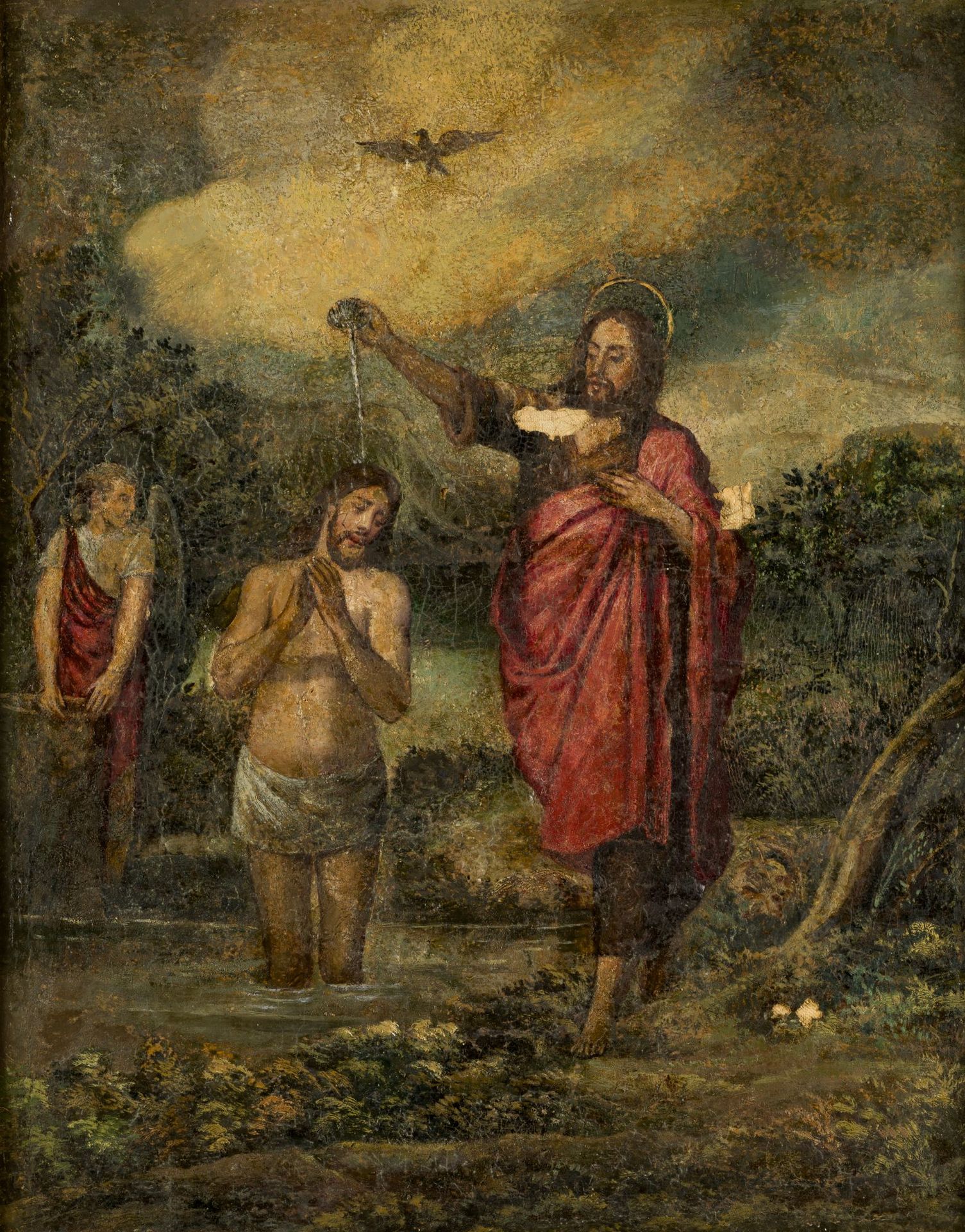 SEVILLIAN SCHOOL (XIX C / .) "Baptism of Christ in the Jordan" 在背面的框架上，有旧的收藏编号。.&hellip;