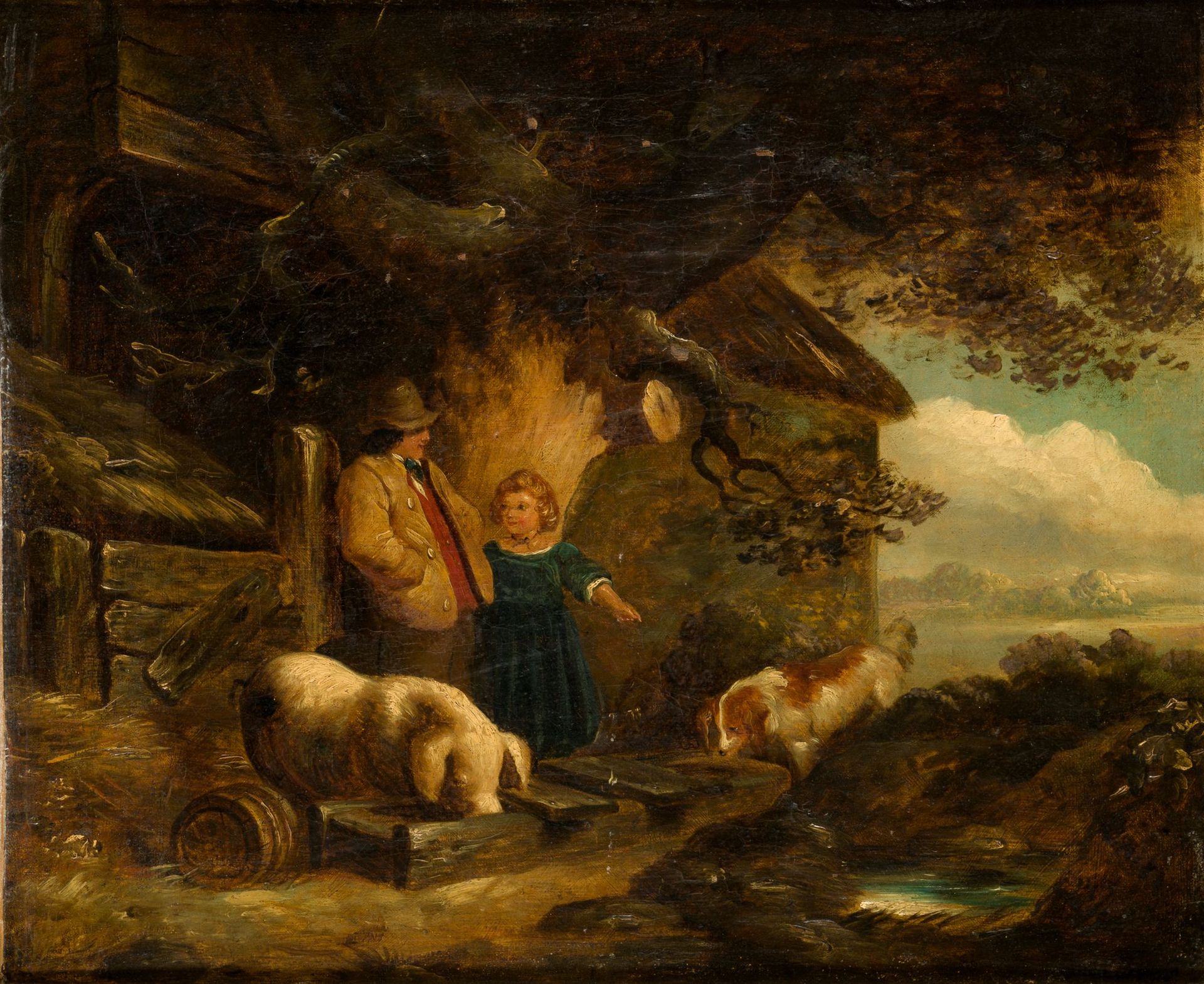 GEORGE MORLAND (1763 / 1804) "Peasant scene" Au dos, étiquette de la Sala Parés &hellip;