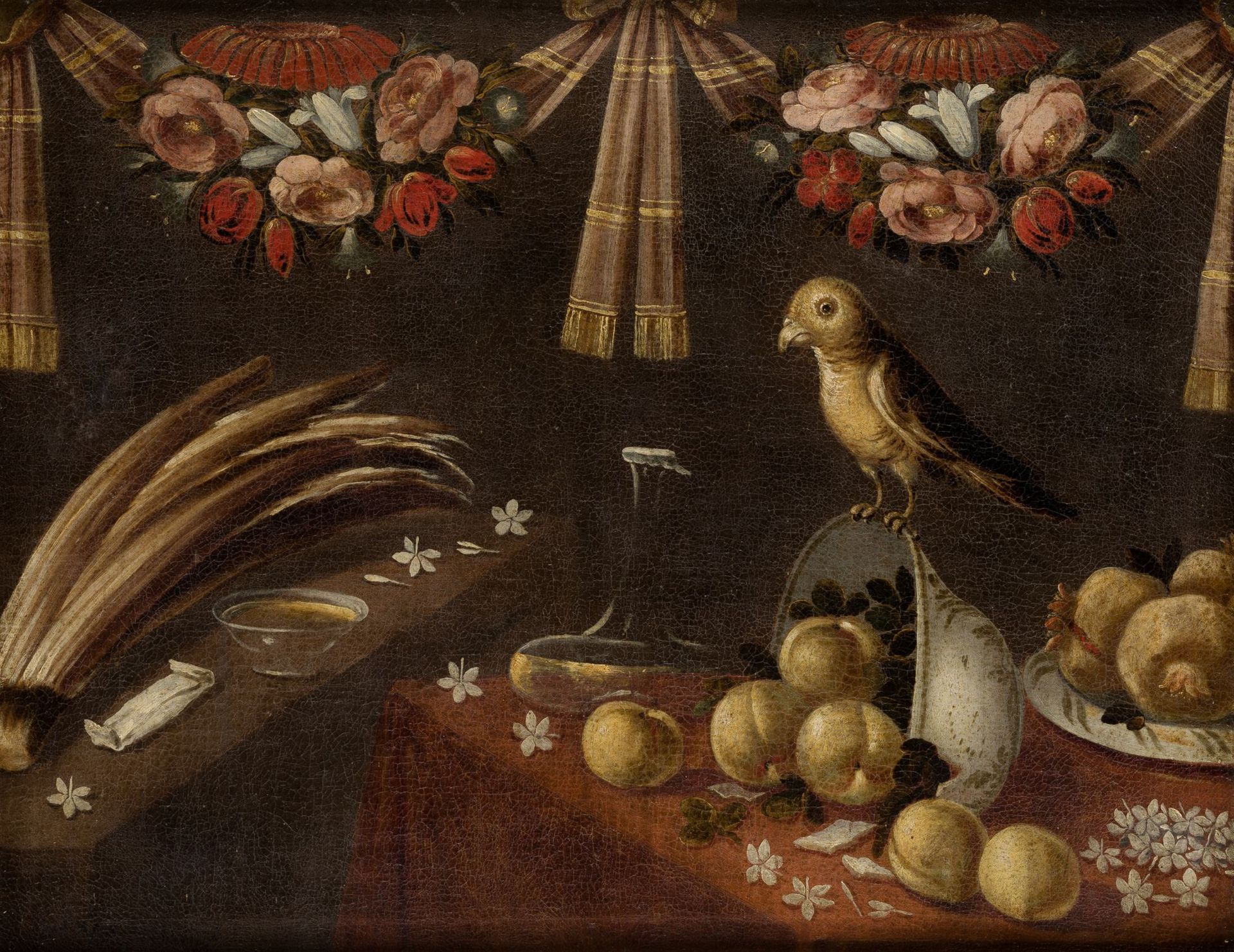 SPANISH SCHOOL (XVII C/ .) "Still life with bird and flower garlands" . Óleo sob&hellip;