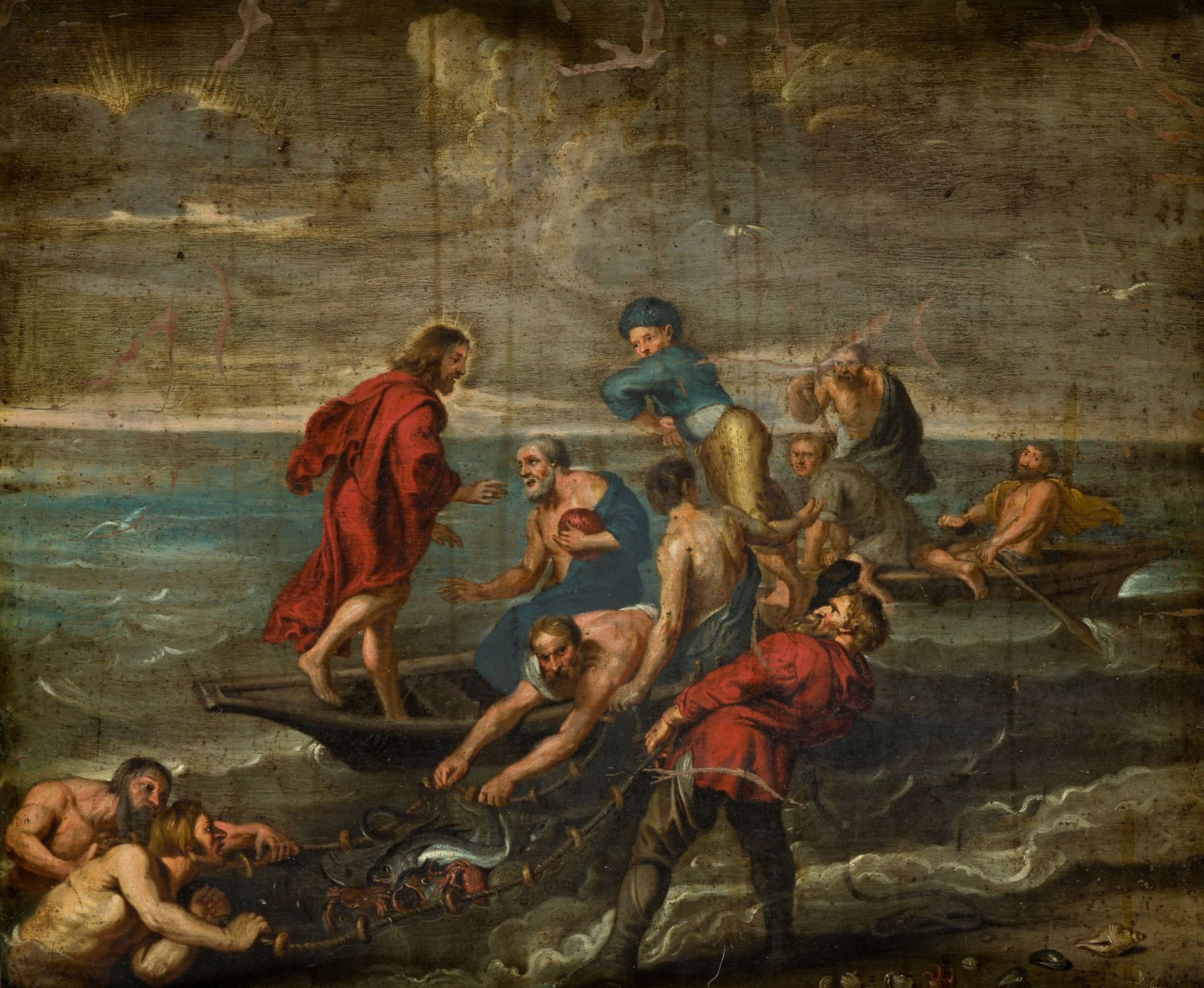 FLAMENCO SCHOOL (XVIII C. / .) "The miraculous catch" 恶化的.油画在铜上.58 x 68 cm