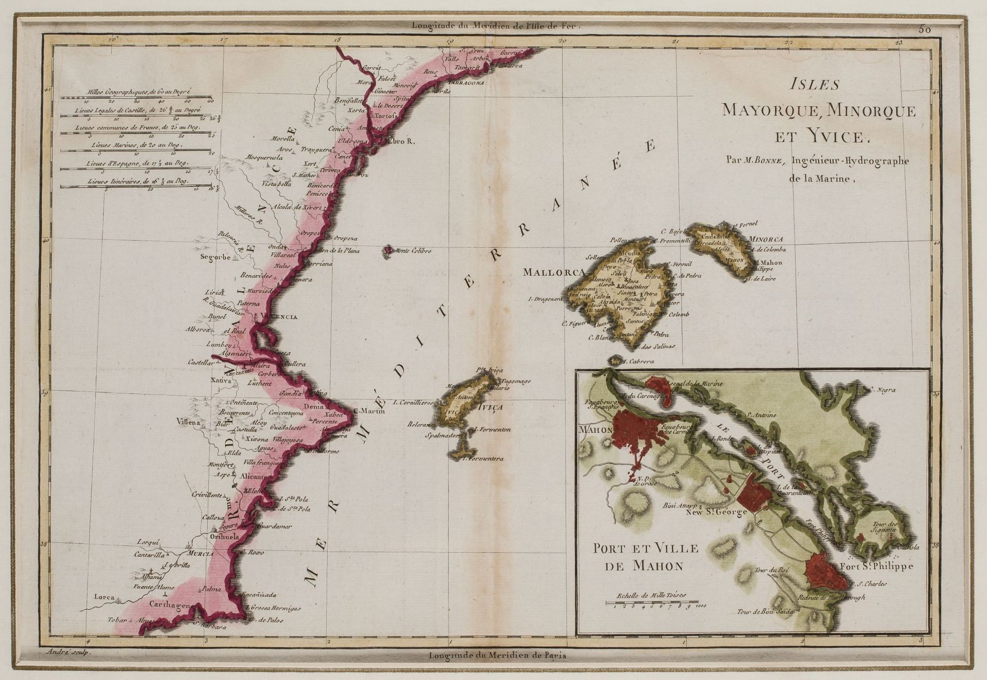 RIGOBERT BONNE (1729 / 1795) "Map of the Balearic Islands" Îles Baléares, Mahón &hellip;