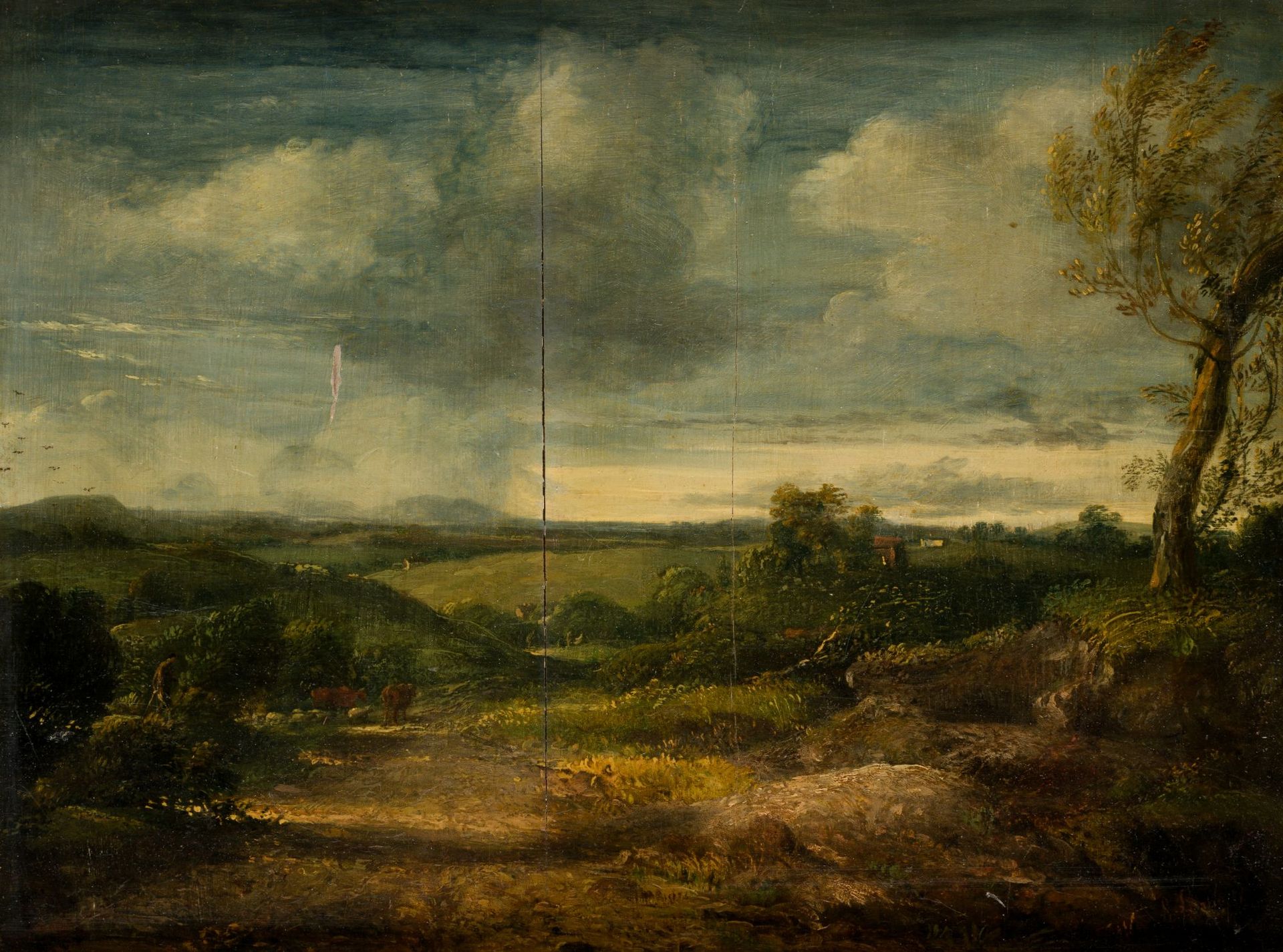 JOHN LINNELL (1792 / 1882) "Landscape with cattle" 右下角有签名和日期（难以辨认）。木板上有破损。.板上油彩。&hellip;