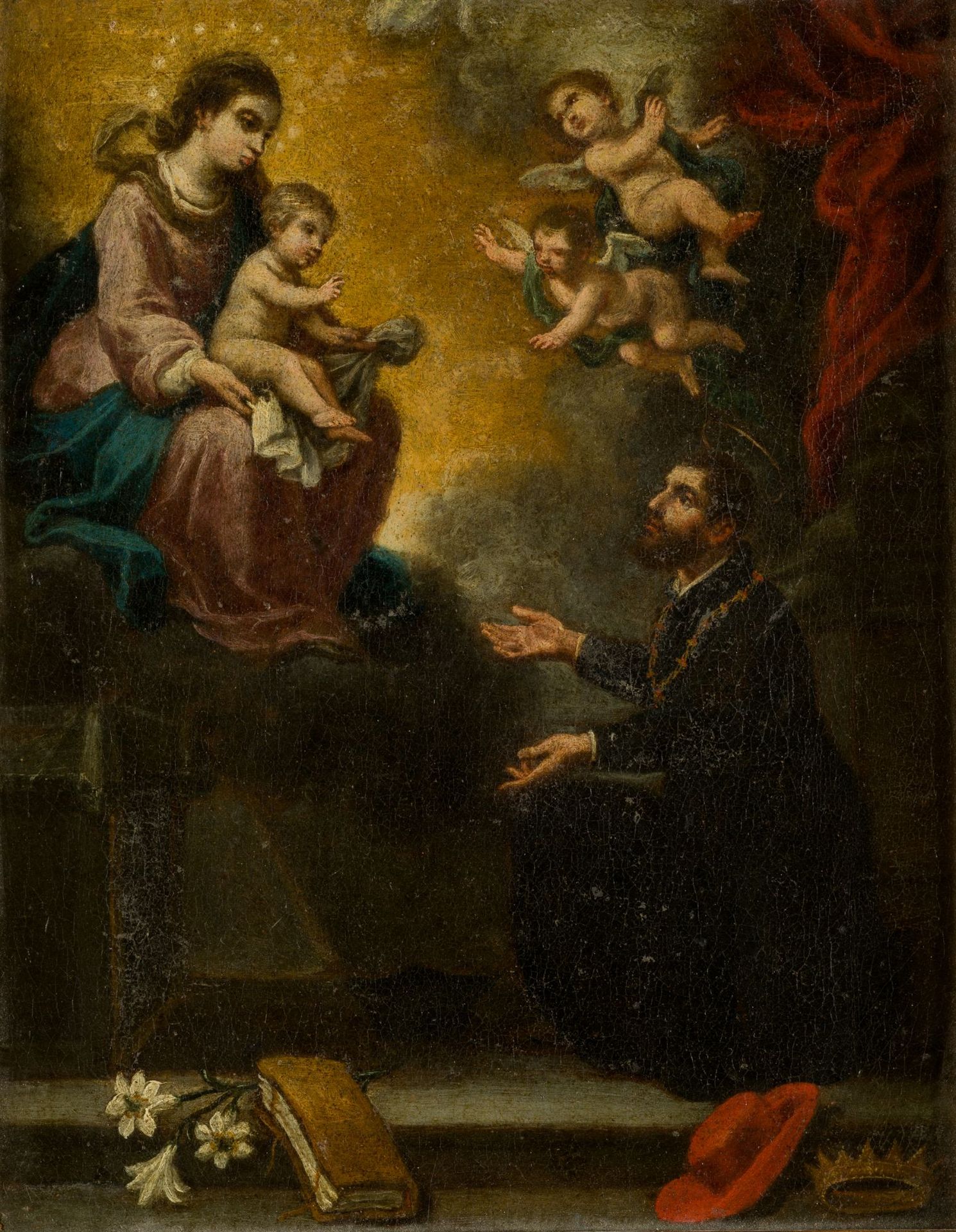 SEVILLIAN SCHOOL (XVIII C. / .) "Apparition of Our Lady to Saint Cajetan". 在背面的框&hellip;