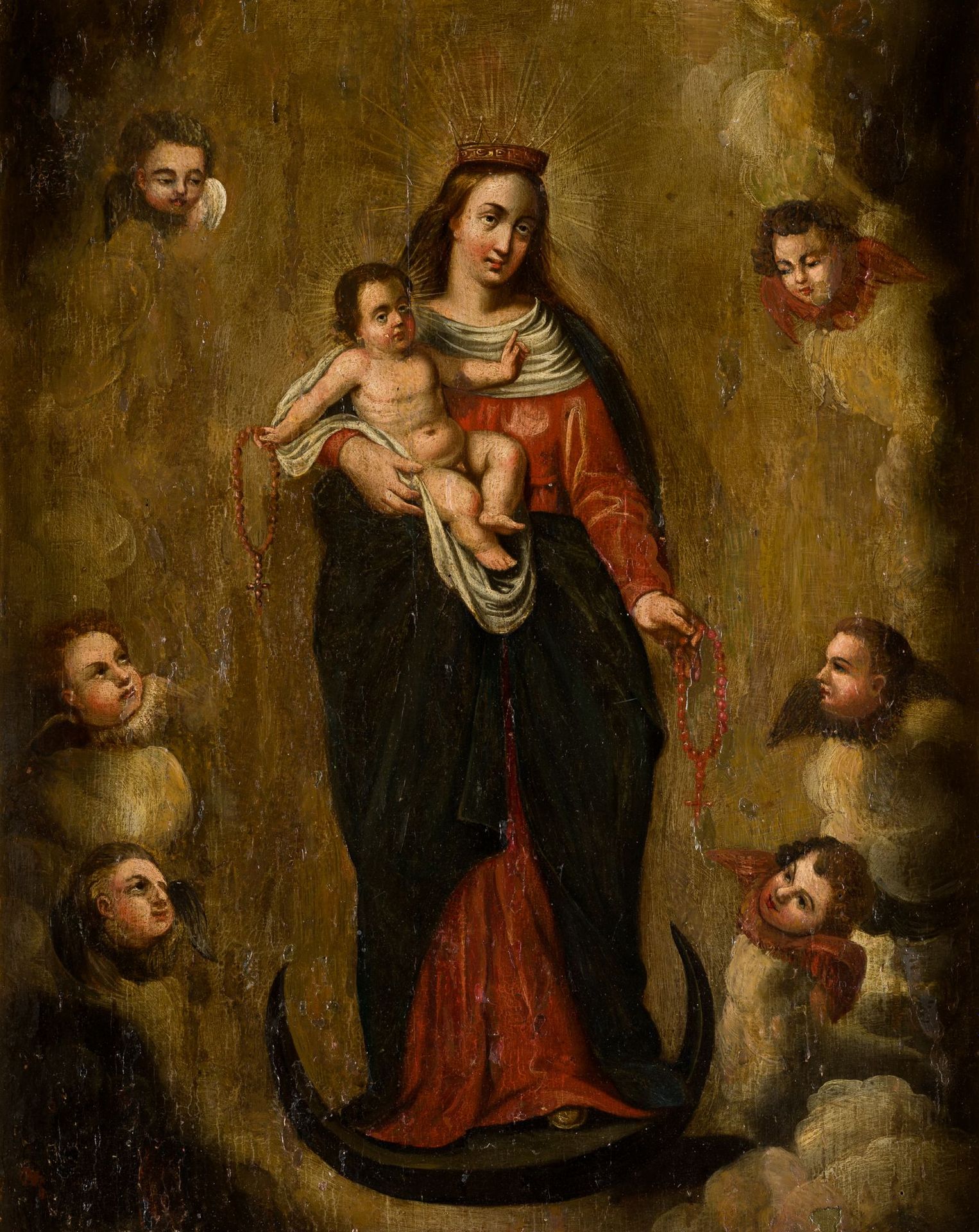 SPANISH SCHOOL (XVIII / XIX C) "Virgin of the Rosary" 呈现出的修复.板上油彩。