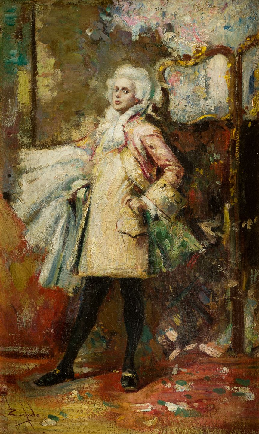 SALVADOR SÁNCHEZ BARBUDO (1857 / 1917) "Eighteenth-century figure" 在左下角有签名。布面油画.&hellip;
