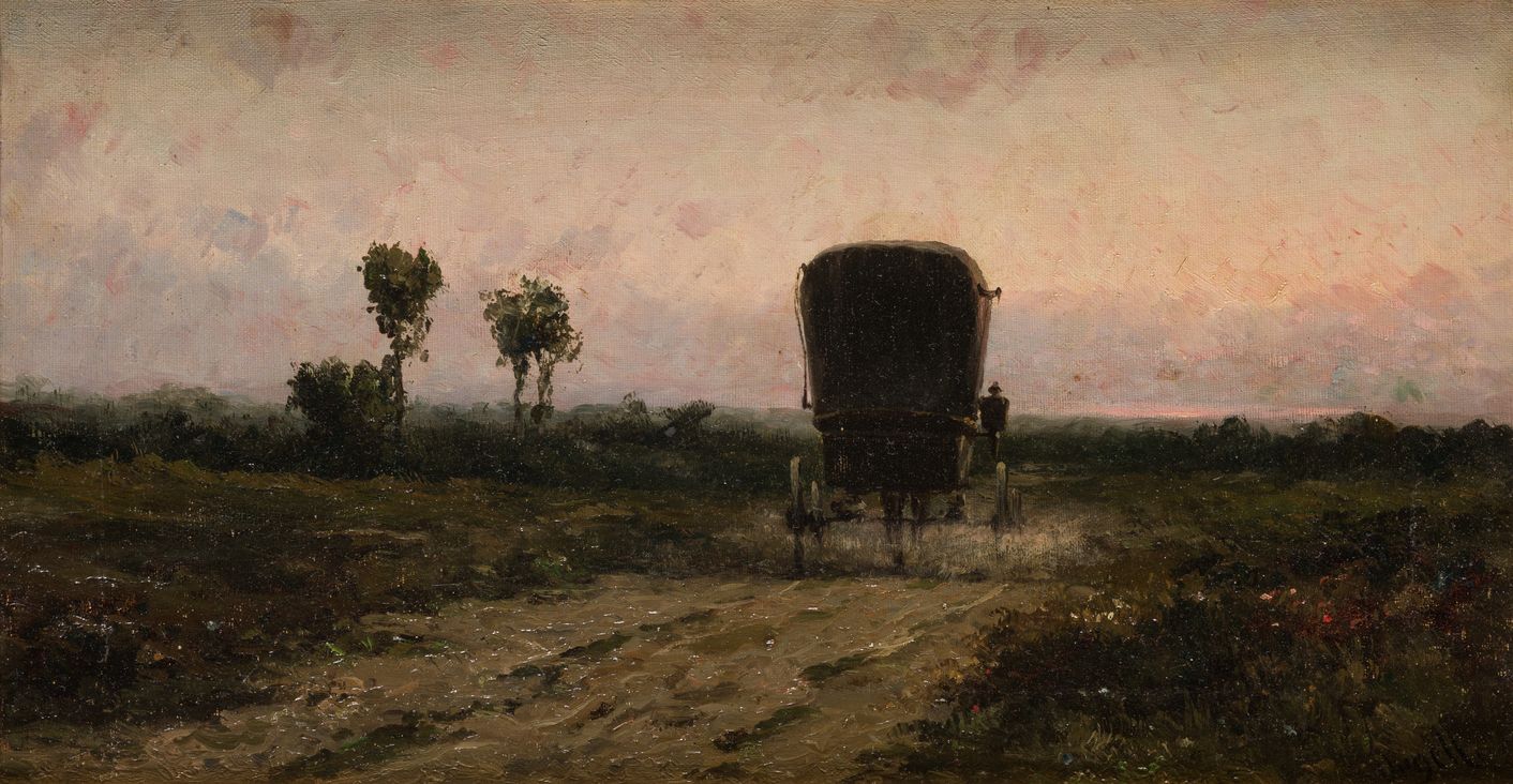 MODESTO URGELL E INGLADA (1839 / 1919) "Carriage at sunset in landscape" Signé d&hellip;