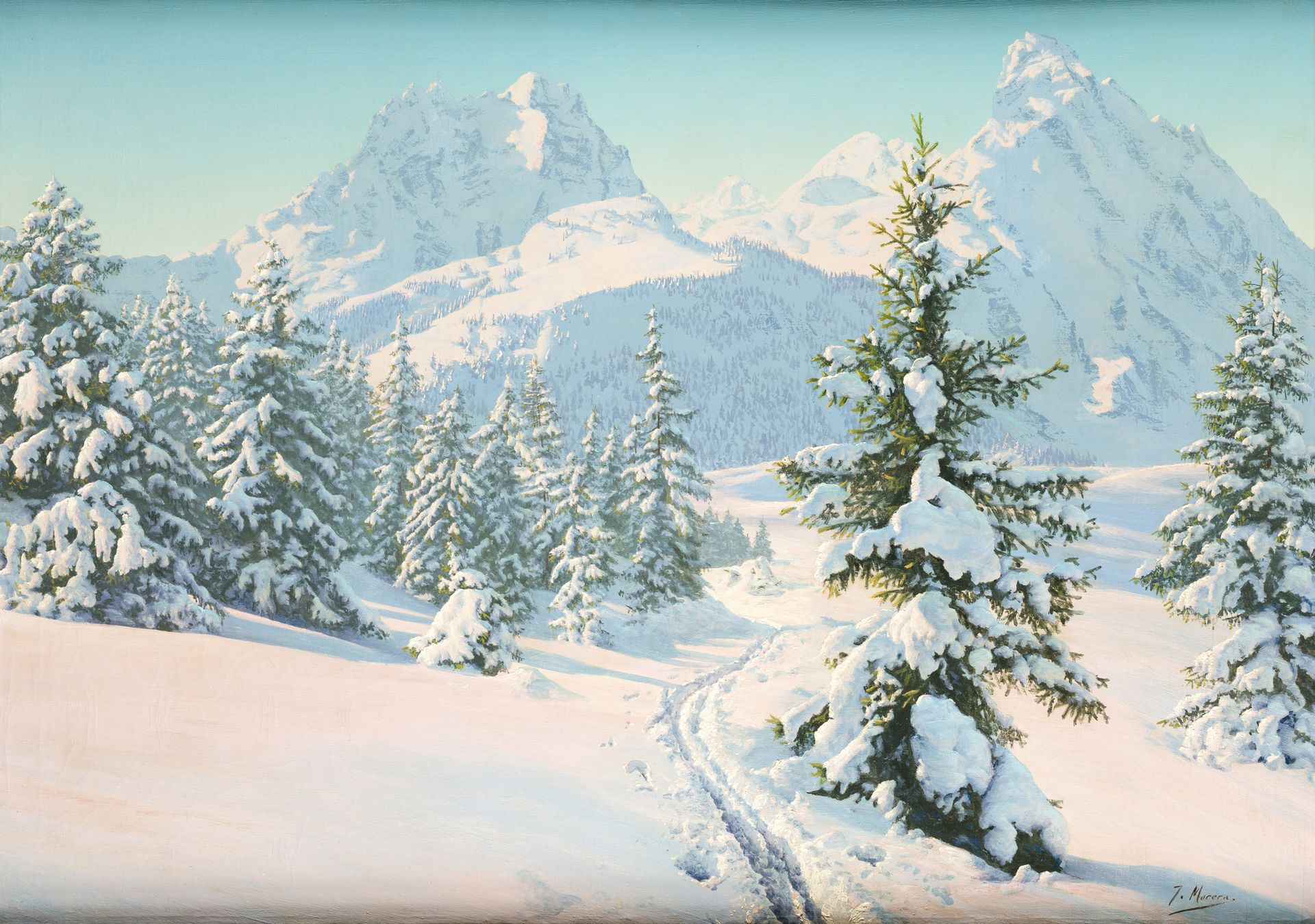 JAIME MORERA Y GALICIA (1855 / 1927) "Snowy landscape" 右下方有签名。布面油画. 69 x 97 cm