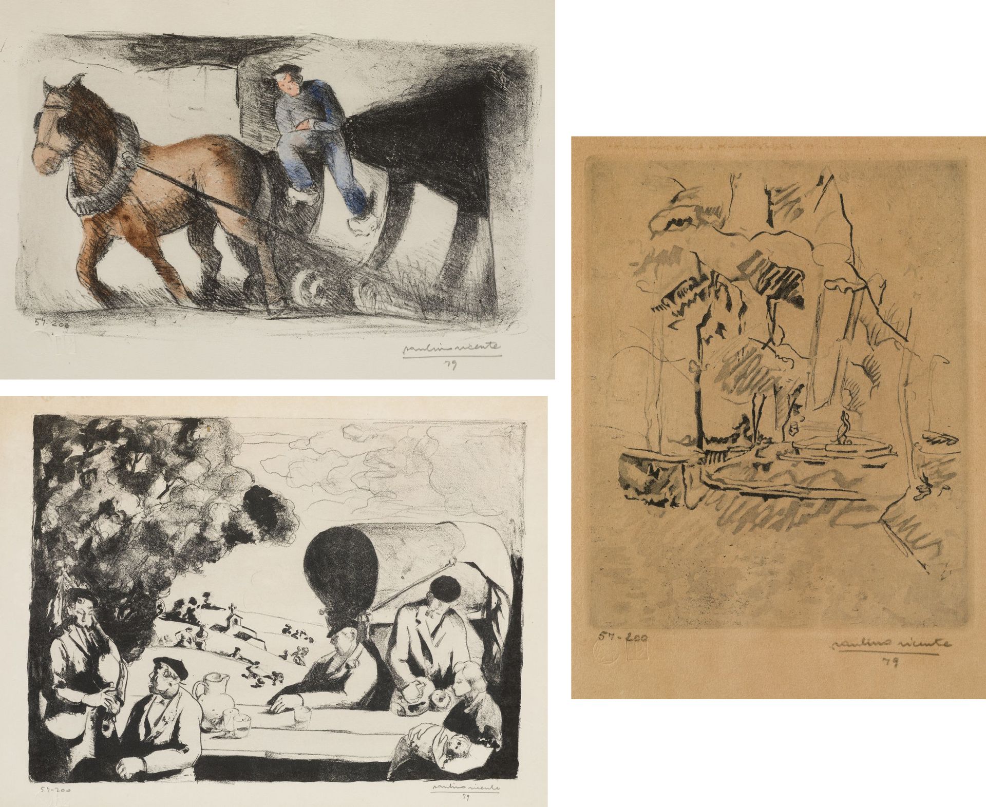 PAULINO VICENTE (1900 / 1990) "No title" 在右下角有签名和日期。三幅纸上蚀刻画。尺寸：24 x 20厘米；29 x 39&hellip;