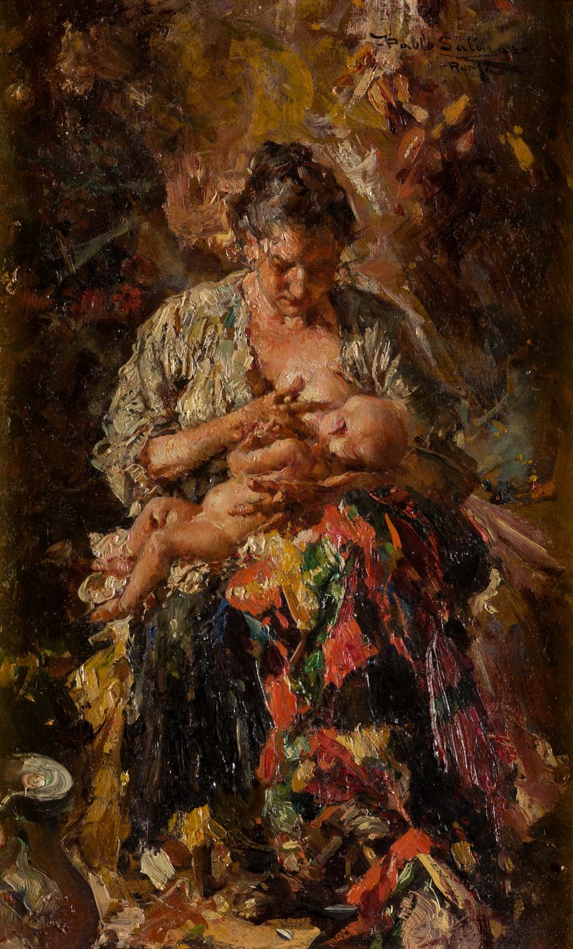 JUAN PABLO SALINAS TERUEL (1871 / 1946) "Maternity" 在右上角有签名和位置。木板油画. 23,4 x 14 c&hellip;
