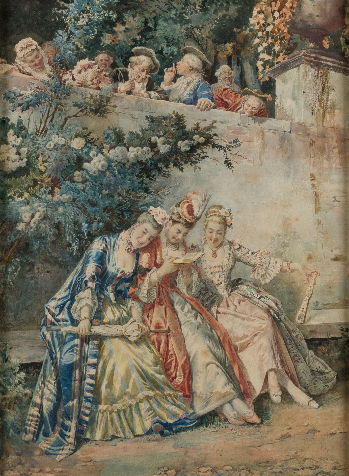 BALDOMERO GALOFRE (1849 / 1902) "Gallant scene" 右下角有签名和题字 "Roma"。纸上水彩，61 x 46 cm