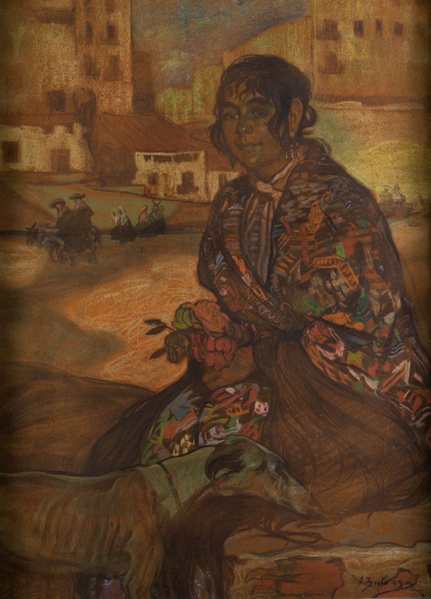 IGNACIO ZULOAGA (1870 / 1945) "Portrait of a gypsy woman in a landscape" Signé d&hellip;