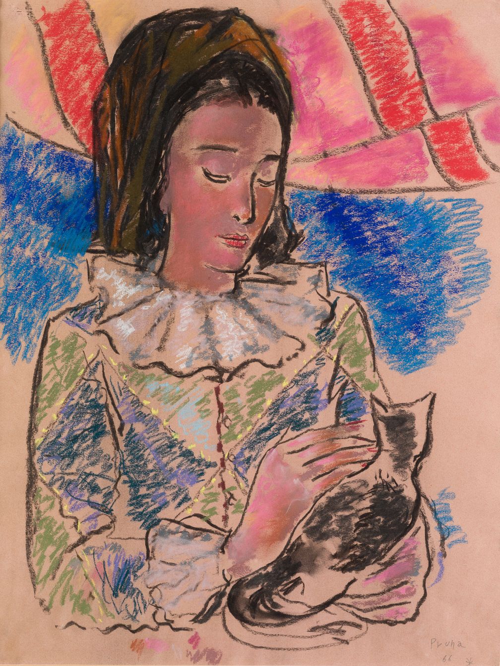 PEDRO PRUNA (1904 / 1977) "Portrait of a Lady and a Cat", 1966 Signé dans le coi&hellip;