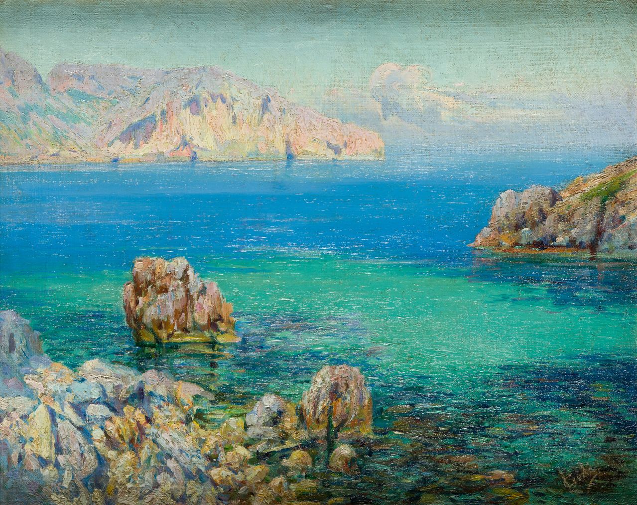 LORENZO CERDÁ BISBAL (1862 / 1956) "Majorcan coast" 在右下角有签名。布面油画. 40 x 48 cm