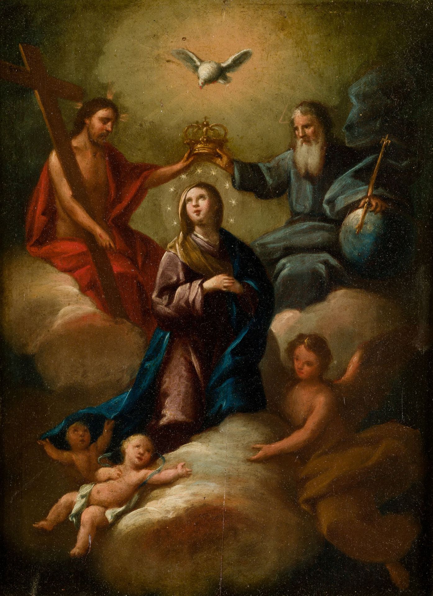 SPANISH SCHOOL (C. 18th / .) "Crowning of the Virgin by the Trinity" 油画在面板上。36,5&hellip;