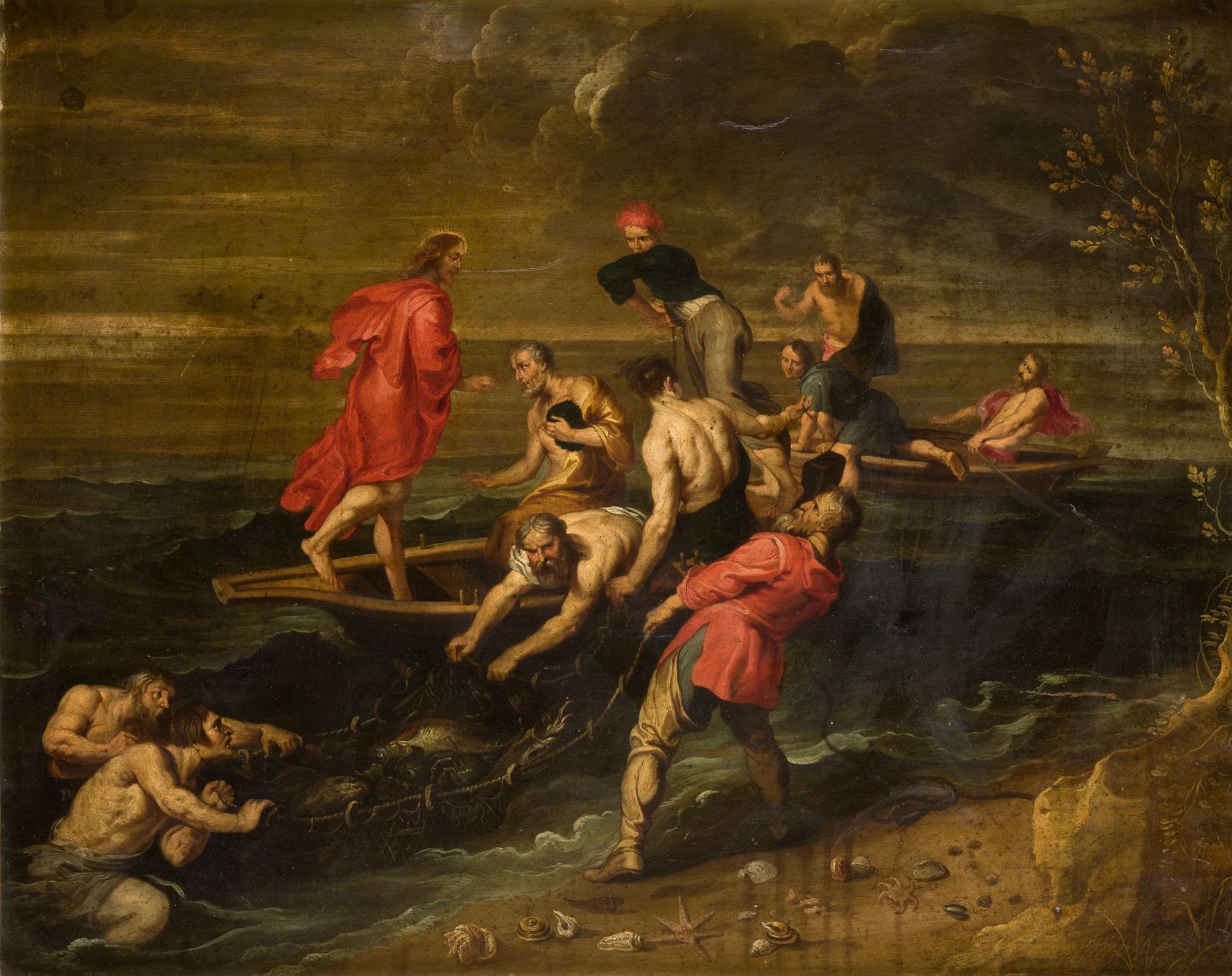 CIRCULO DE RUBENS (C. 17th / ?) "The miraculous catch" 铜上油彩。68 x 85厘米