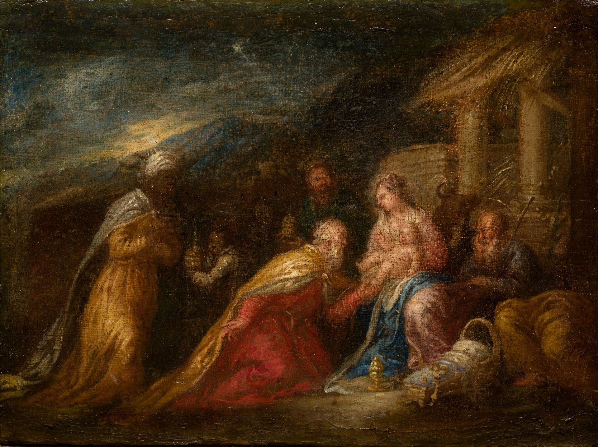 ITALIAN SCHOOL (17th-18th / .) "Worship of the Three Wise Men" 布面油画。31 x 21,5厘米。