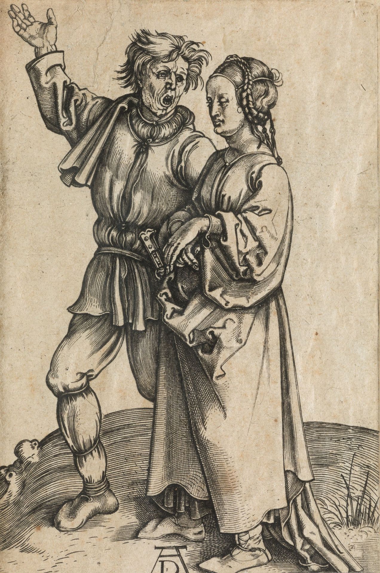 ALBERTO DURERO (1471 / 1528) "Peasants" 有1565号版的题词。后期版本的雕版印刷品。10,5 x 7 cm